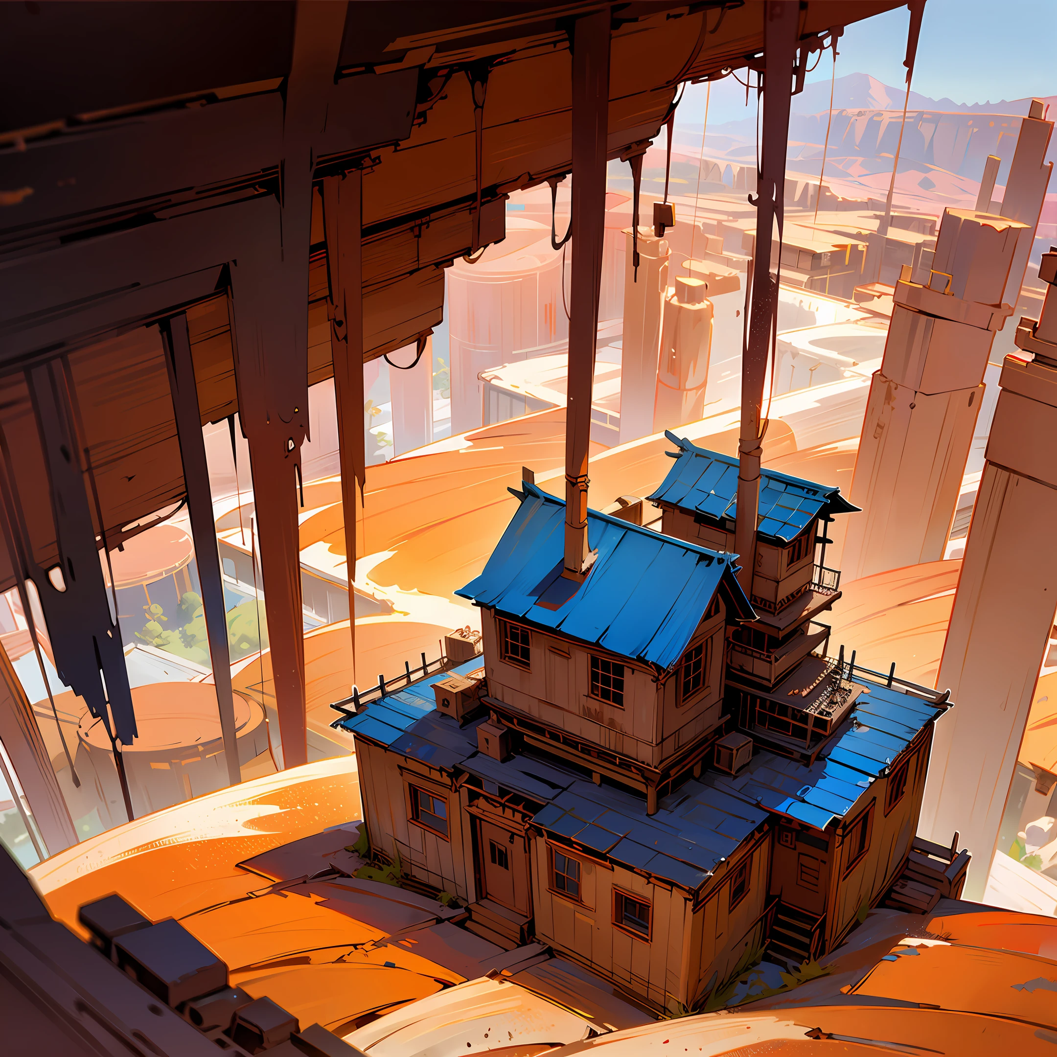 an anime makeshift house, scraps and metals, in the middle of a vast red canyon, aesthetic