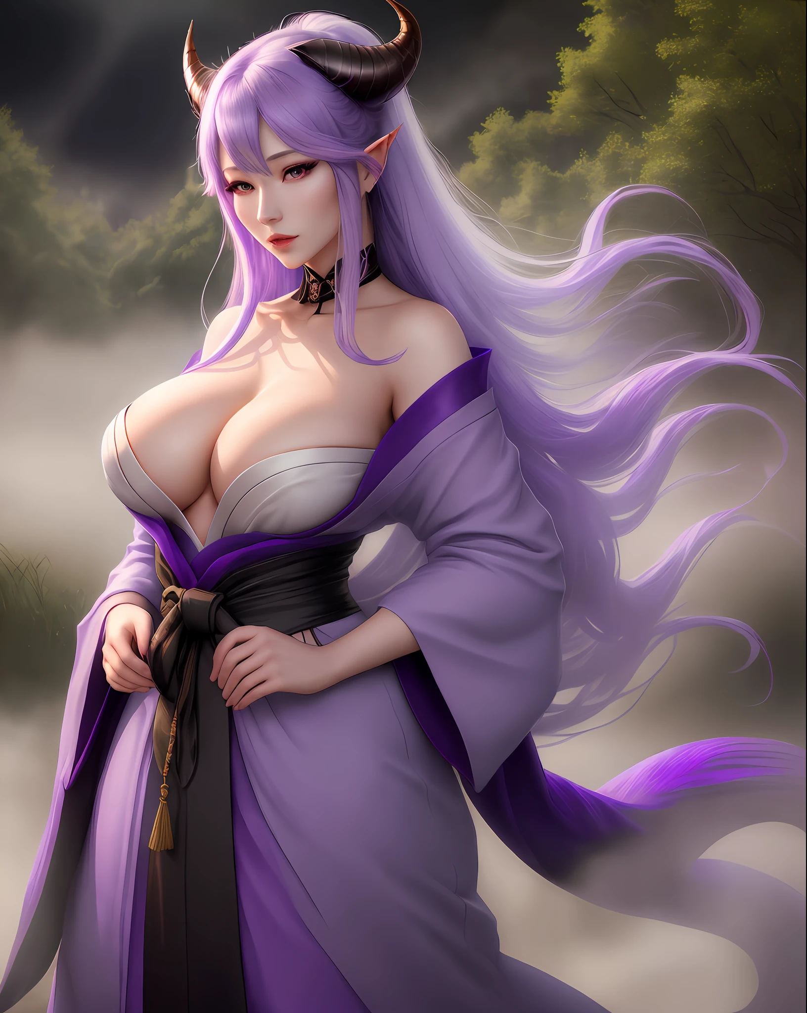Shion's character from the anime "That Time I Got Reincarnated as a Slime" in an ultra-realistic version. She has dark purple and straight hair, with a single purple horn (which increased to two after evolving into an oni mal). His skin is white, lips red and eyes purple. She is a beautiful woman, slender and well proportioned as a model with a height of 170 cm. Shion received a kimono that turned purple to match her aura, (very sensual, provocative long neckline, large voluminous and pointed , thin waist), (a forest in the background, village, open field, night, dawn, fog, fog in the background), (masterpiece, depth of field, professional lighting, Full HD, sharp face, realistic photography, real world, super detailed) portrait style.