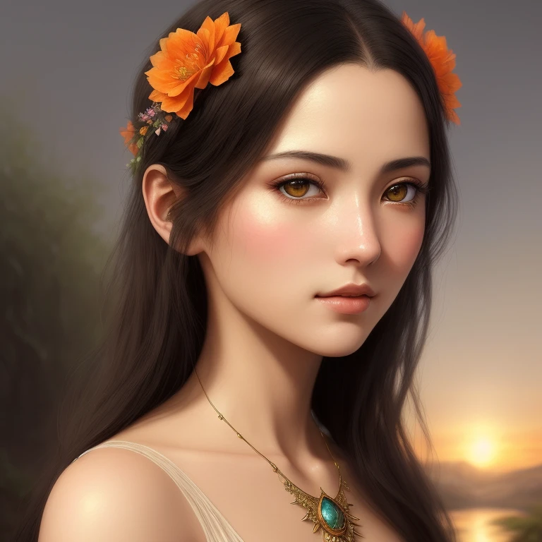 ((best quality)), ((Vintage Fantasy Realistic Photography)), A breathtaking vintage fantasy realistic photograph featuring the face of a beautiful woman with tousled black hair. Her face showcases super-detailed and silky peach skin, while her eyes captivate with their radiant brilliance. The photograph embraces a floral theme and is set against a backdrop of a mesmerizing sunset. The Rembrandt lighting technique adds a touch of warmth and depth to the image. The composition exhibits symmetrical elements and intricate details, all brought to life through the masterful Adobe Illustration skills of Yoshitaka Amano. This artwork has become a sensation on Artstation, recognized as a true masterpiece. Eye level, scenic, masterpiece, -