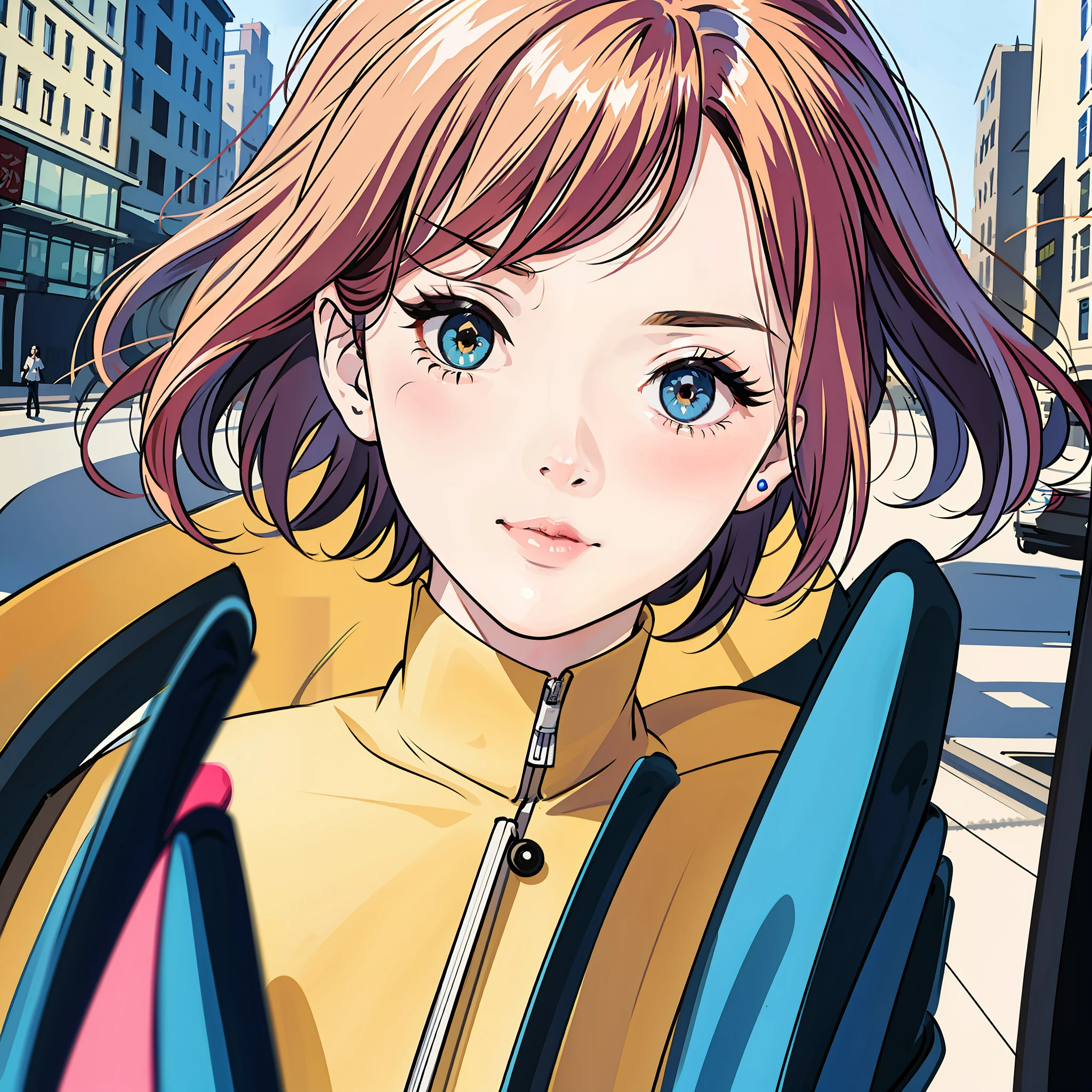 masterpiece, best quality, (detailed eyes and skin), ((realistic)), jixiaoman, 1girl, blonde_hair, pink_hair, yellow_clothes, black_clothes, blue_eyes, blue_sky, blurry, blurry_background, blurry_foreground, (modern_city:1.5), medium_breasts, motion_blur, nose, outdoors, photo_\(medium\), plant, short_hair, sky, solo, upper_body,