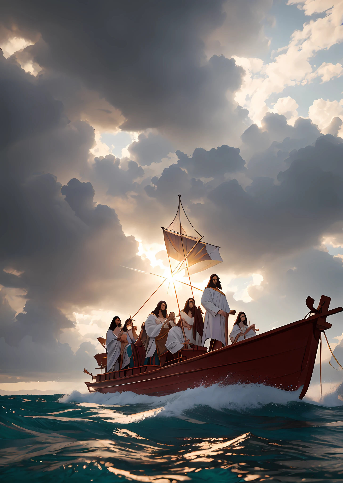 jesus with his disciples riding a boat on water in a storm, masterpiece, best quality, high quality, highly detailed 8k CG unit wallpaper, award winning photography, Bokeh, Depth of Field, HDR, bloom, Chromatic aberration, photorealistic, highly detailed , trending on artstation, trending on CG society, intricate, high detail, dramatic, mid-travel art, volumetric lighting