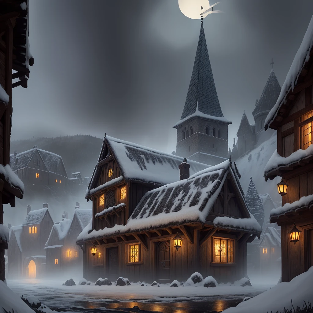 a_quiet_medieval_village_cursed_by_the_greek_god_of_darkness_erebus.a_dark__and_cold_place_where_the_sun_never_rises. rainy_day, magic,_beautiful,_ornament, ilustración, luces suaves