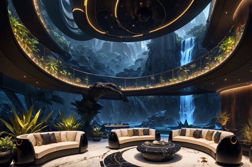 incredible black luxurious futuristic living room interior in Ancient Egyptian style with many (((lush plants))), ((beautiful flowers)), (lotus flowers), ((palm trees)), rocky walls, ((sand)), ((waterfalls)) (marble), ((precious minerals)), ((metals)), (gemstones), crystals, clouds and (water), ((curvy futuristic furniture)), crocodiles, (hieroglyphics), (((ultra luxury))), (black marble) – with ((beautiful lights)), Unreal Engine, HQ, 16k