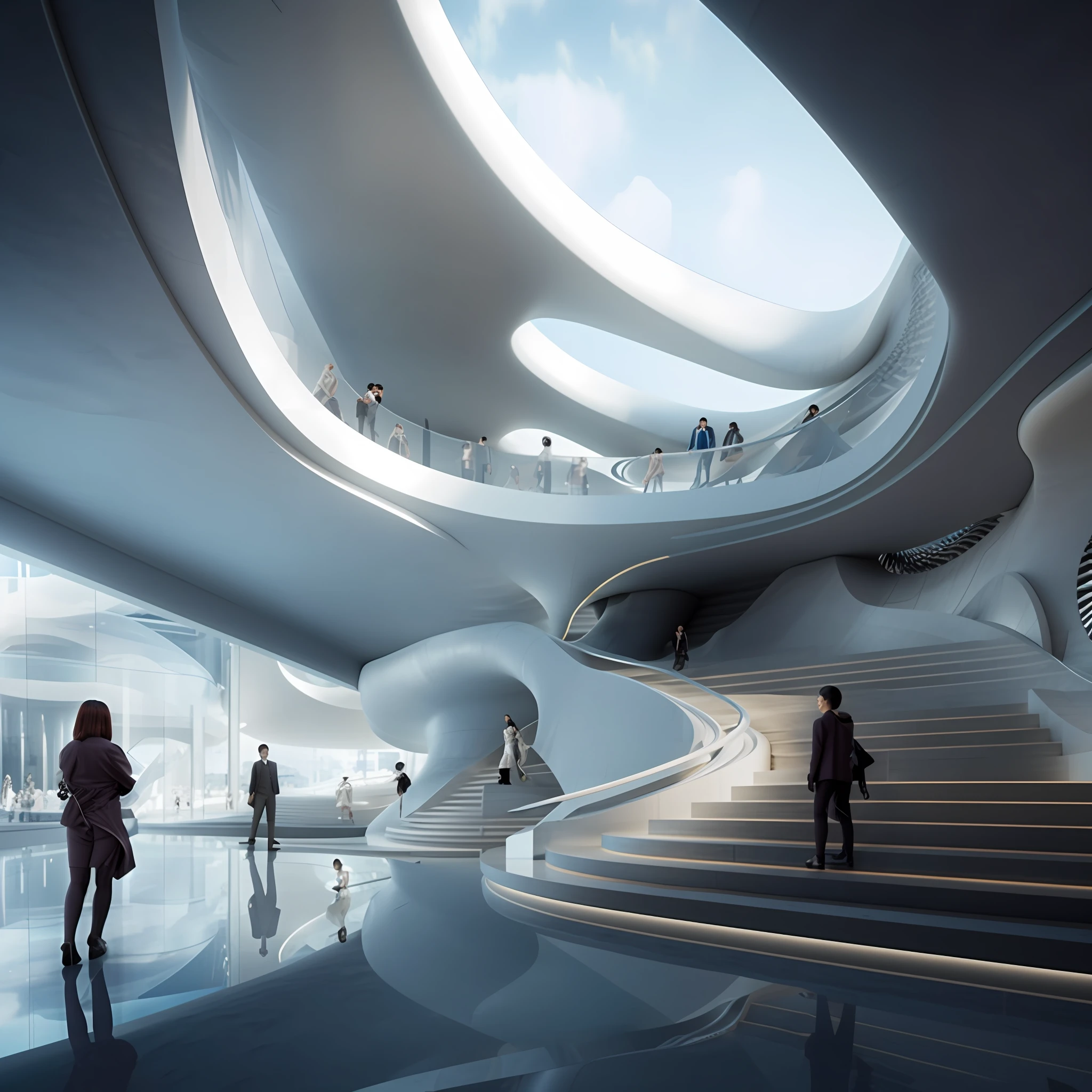 futuristic museum with design of water running down the stairs, in the style of xiaofei yue, rendered in maya, intel core, soft, dream-like quality, shilin huang, engineering/construction and design, he jiaying