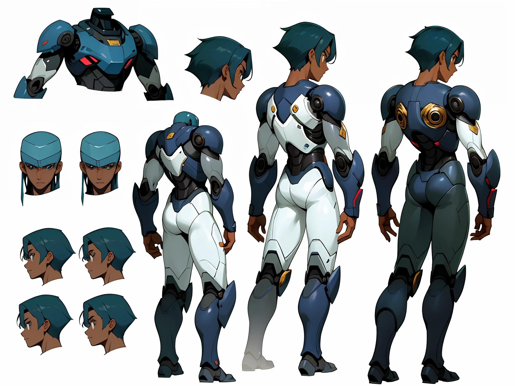 ((masterpiece)),(((best quality))),((character design sheet,same character,front,side,back)),illustration,1 boy, dark skin, half shaven hair, handsome young boy, beautiful eyes,environment Scene change, pose too, battle suit, charturnbetalora, (simple background, white background: 1.3)