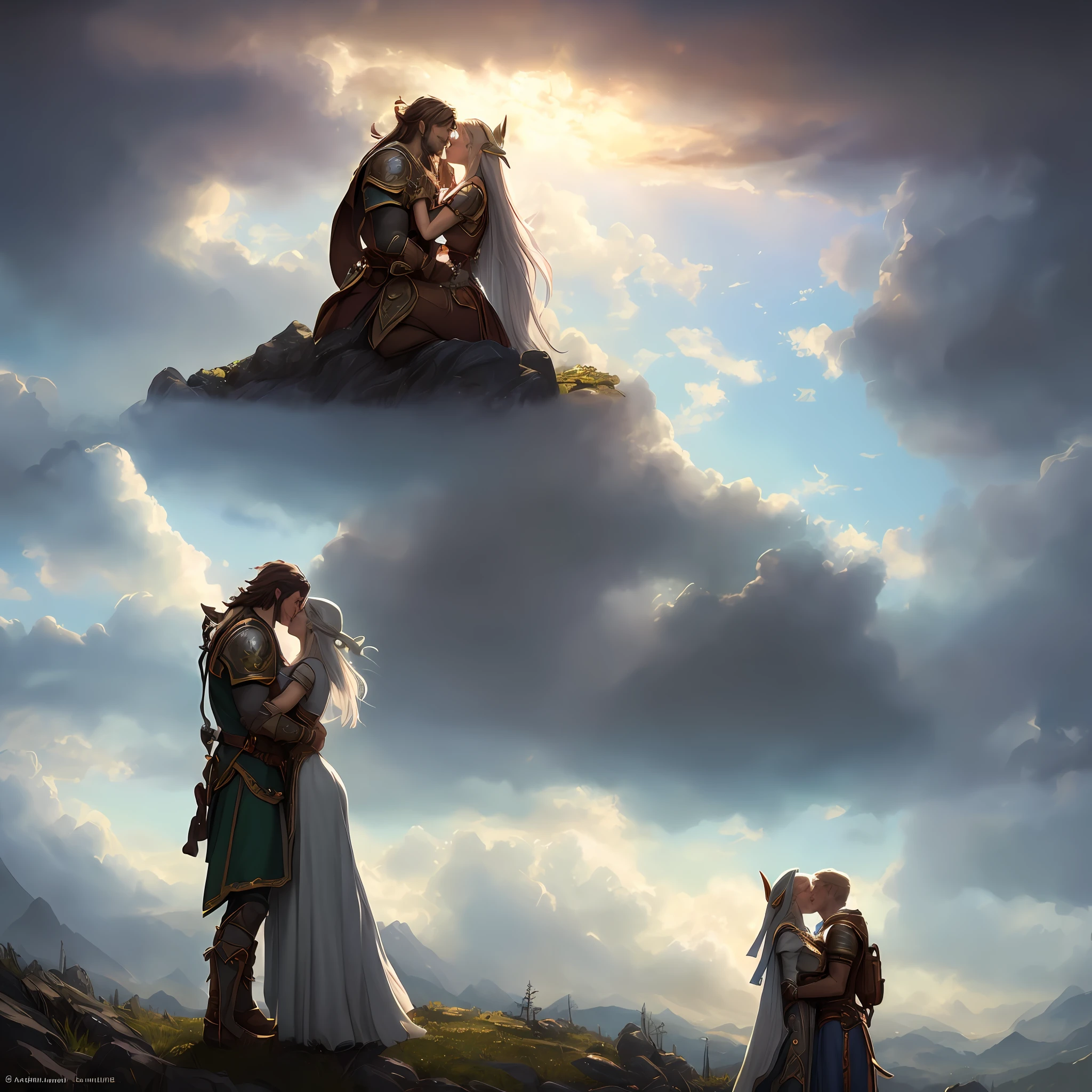 warcraft elves, a man and a woman hugging each other ultra detailed, art by John Constable, by james jean and filip hodas, fantasy concept art, trending on Artstation|a, painted by greg rutkowski makoto shinkai takashi takeuchi studio ghibli, akihiko yoshida, anime, clean soft lighting, finely detailed features, high-resolution, perfect art, stunning atmosphere, trending on pixiv fanbox]