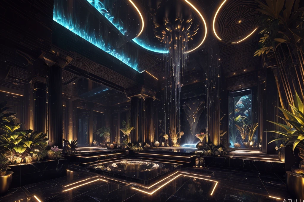 incredible black luxurious futuristic interior in Ancient Egyptian style with many (((lush plants, gorgeous flowers))), (lotus flowers), ((palm trees)), rocky walls, ((sand)), ((waterfalls)) (marble), ((precious minerals)), ((metals)), (gemstones), crystals, clouds and (water), crocodiles, (hieroglyphics), (((ultra luxury))), (black marble) – with ((beautiful lights)), Unreal Engine, HQ, 16k