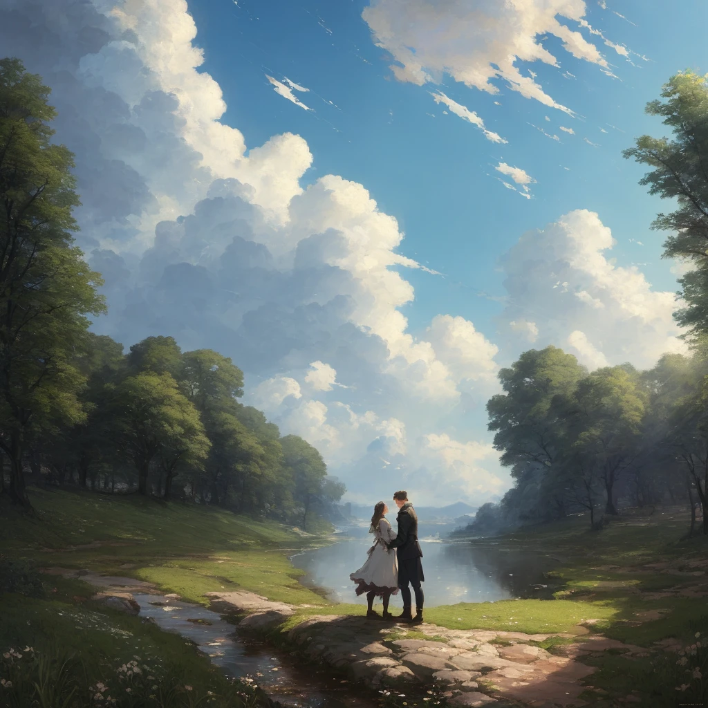 A man and a woman embracing ultra detailed, art by John Constable, by James Jean and Filip Hodas, fantasy concept art, trend at Artstation|a, painted by Greg Rutkowski Makoto Shinkai Takashi Takashi Takeuchi Studio Ghibli, Akihiko Yoshida, anime, clean soft lighting, finely detailed features, high resolution, perfect art, stunning atmosphere, trend in Pixiv fanbox]