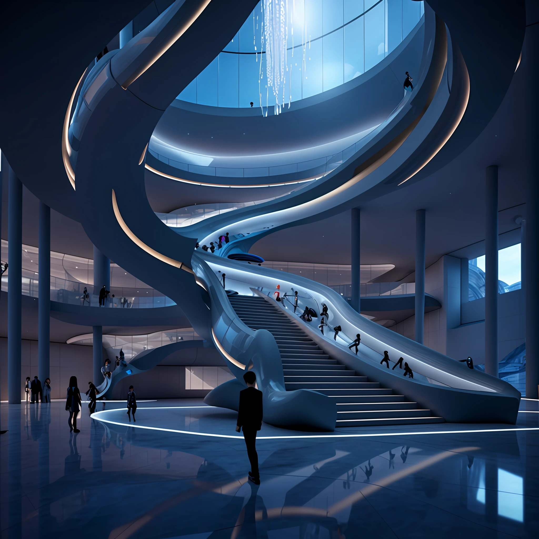 futuristic museum with design of water running down the stairs, in the style of xiaofei yue, rendered in maya, intel core, soft, dream-like quality, shilin huang, engineering/construction and design, he jiaying , 4k