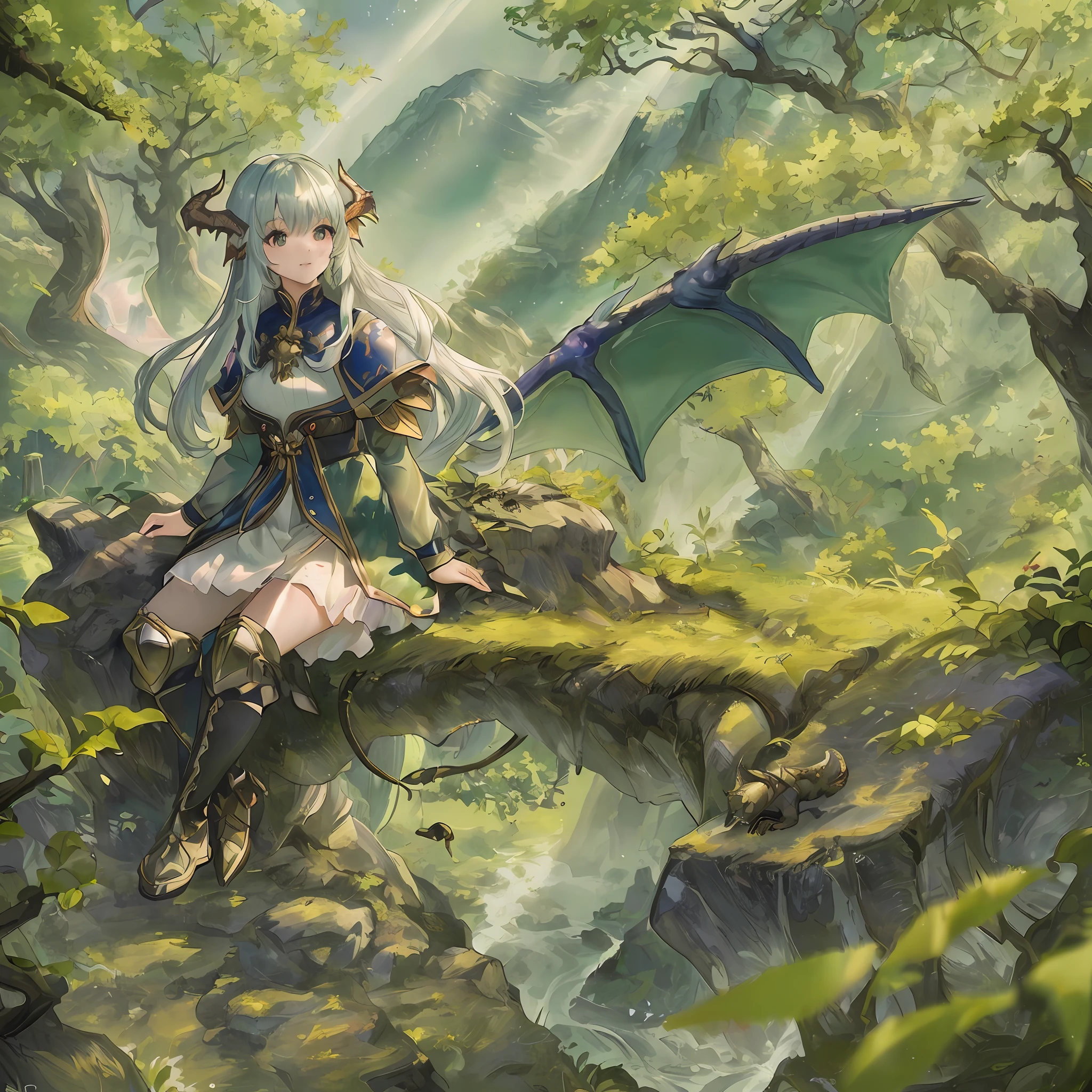 ((masterpiece)), ((best quality)), 8k, high detailed, ultra-detailed, A girl sitting on a rock, (a majestic dragon) flying in the sky, (lush greenery) surrounding them, (rays of sunlight) illuminating the scene. 1girl, ((long flowing hair)), (sparkling eyes), (dragon scales), (dragon wings), (dragon tail), (mountainous landscape).