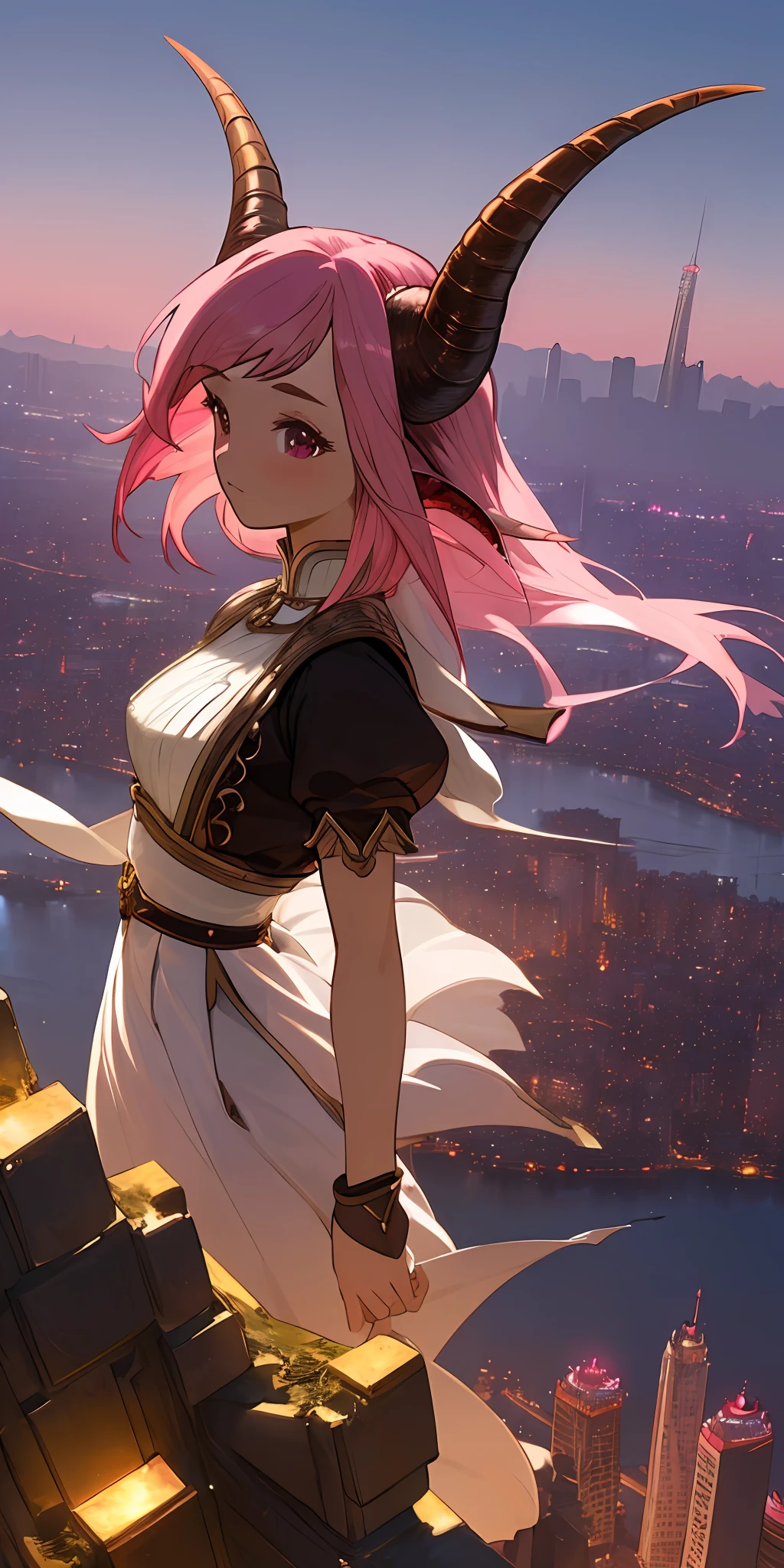 (masterpiece, best quality),1girl with goatlike horn, top-front angle, pink hair, city landscape background, highly detailed