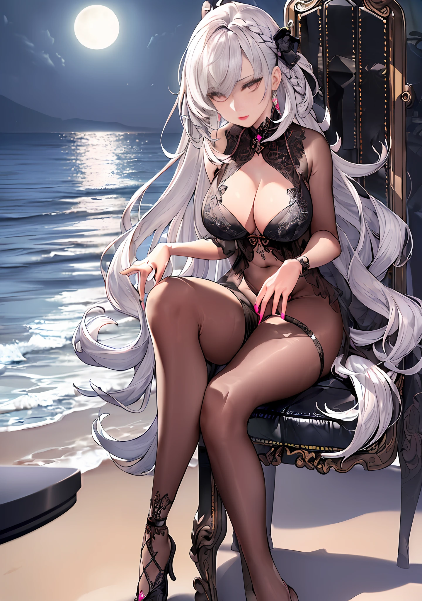 ((masterpiece), (best quality), (solo), (illustation), (highres), (extremely detailed CG wallpaper), (extremely detailed figure), dynamic angle, Amazing, extremely detailed eyes, finely detail, detailed face, (one girl), age 17, eye shadow, (full body), long (silver hair), disheveled hair, pink eyes, red lips, cinematic lighting, perspective, sitting on a chair, beach, moonlight), atdan