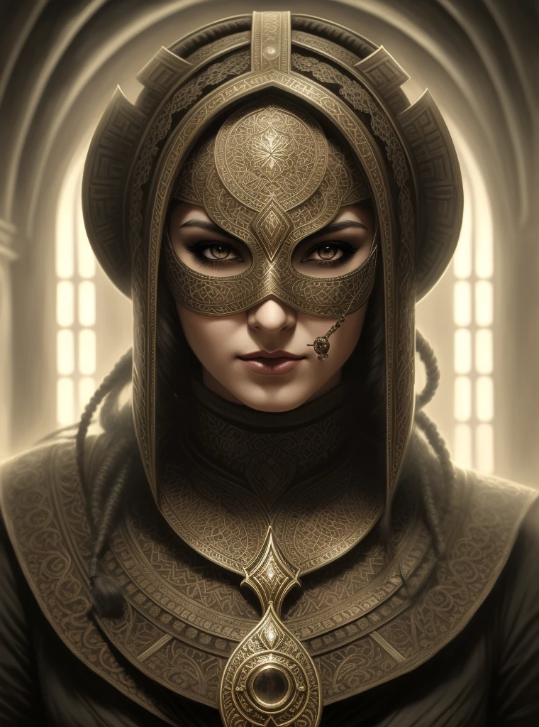 arafed woman in a dark costume with a mask and a necklace, detailed matte fantasy portrait, fantasy concept art portrait, tomasz alen kopera and cgsociety, elegant cinematic fantasy art, fantasy character portrait, epic fantasy art portrait, hyperdetailed fantasy character, symmetrical epic fantasy art, fantasy rpg symmetrical portrait, fantasy art behance, stunning cgsociety