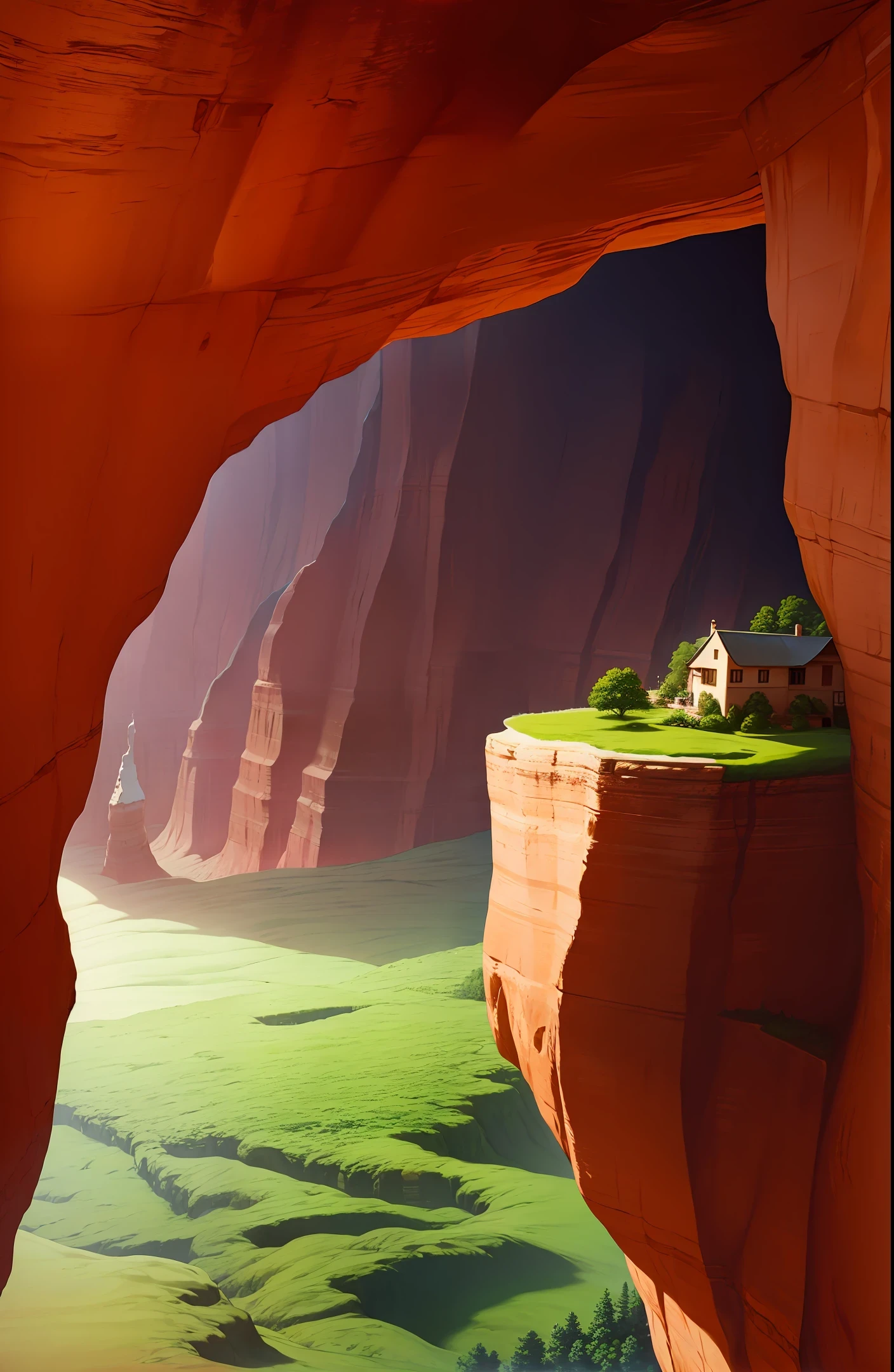 a house inside a red canyon cave facing into the distance over a valley