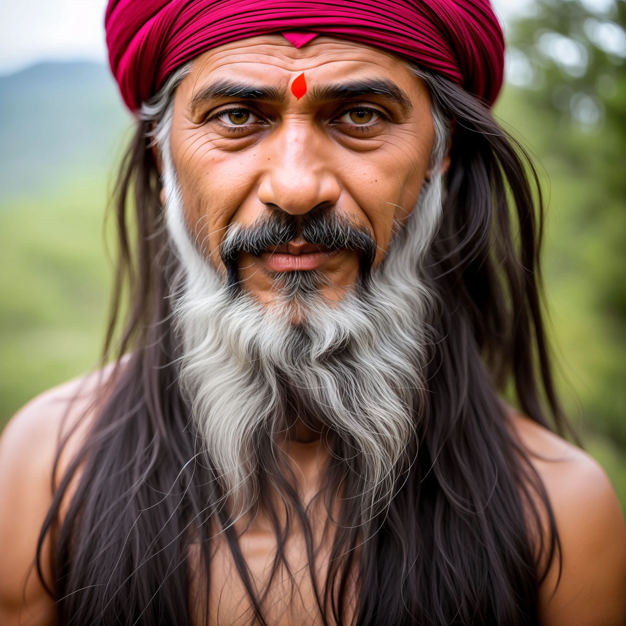 RAW photo, a close-up portrait of a 50-year-old Indian (Hindu) man (native to India), wearing Indian clothing, long haircut with a braid, gray beard, black colored hair, slender body, himalaya background (highly detailed skin: 1.2), 8k uhd, dslr, soft lighting, high quality, film grain, Fujifilm XT3