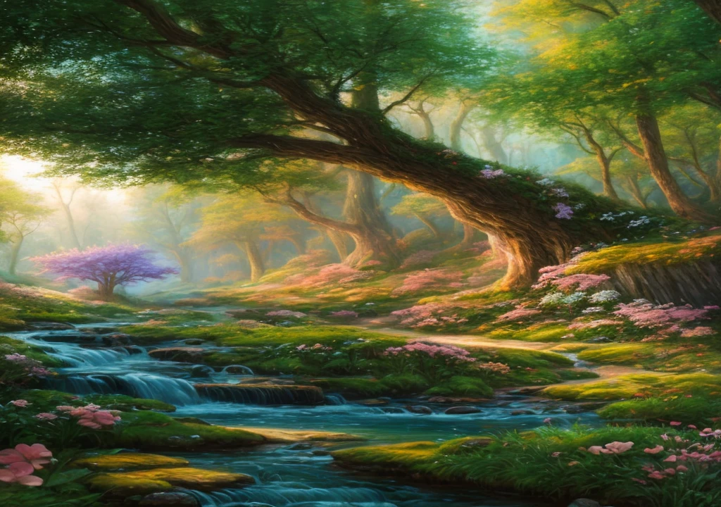 Horizontal HD 16K, enchanting dream scenes of dream forest, towering trees, glowing mushrooms and hidden fairy canyon, creating a mysterious and enchanting feeling, pastel colors, oil paintings, bloom, realism, high detail