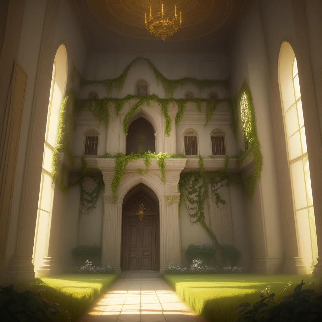 highly detailed painting of abandoned throne room covered in plants, interior of castle, fantasy art, dreamlike, gold colors, cinematic lighting, digital art, fantasy world, flowers and vines, high quality, bloom, intricate,