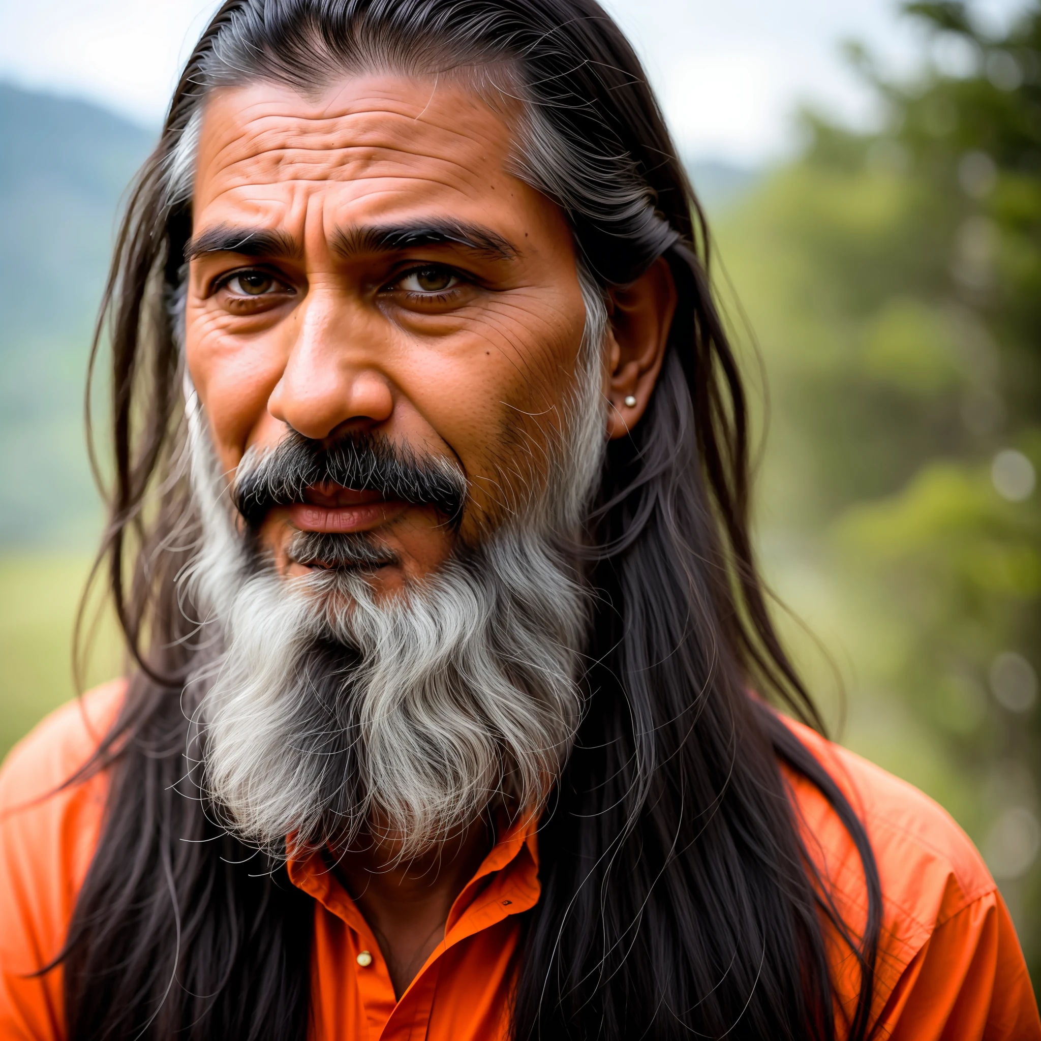 RAW photo, a close-up portrait of a 50-year-old Indian (Hindu) man (native to India), wearing Indian clothing, long haircut with a braid, gray beard, black colored hair, slender body, himalaya background (highly detailed skin: 1.2), 8k uhd, dslr, soft lighting, high quality, film grain, Fujifilm XT3