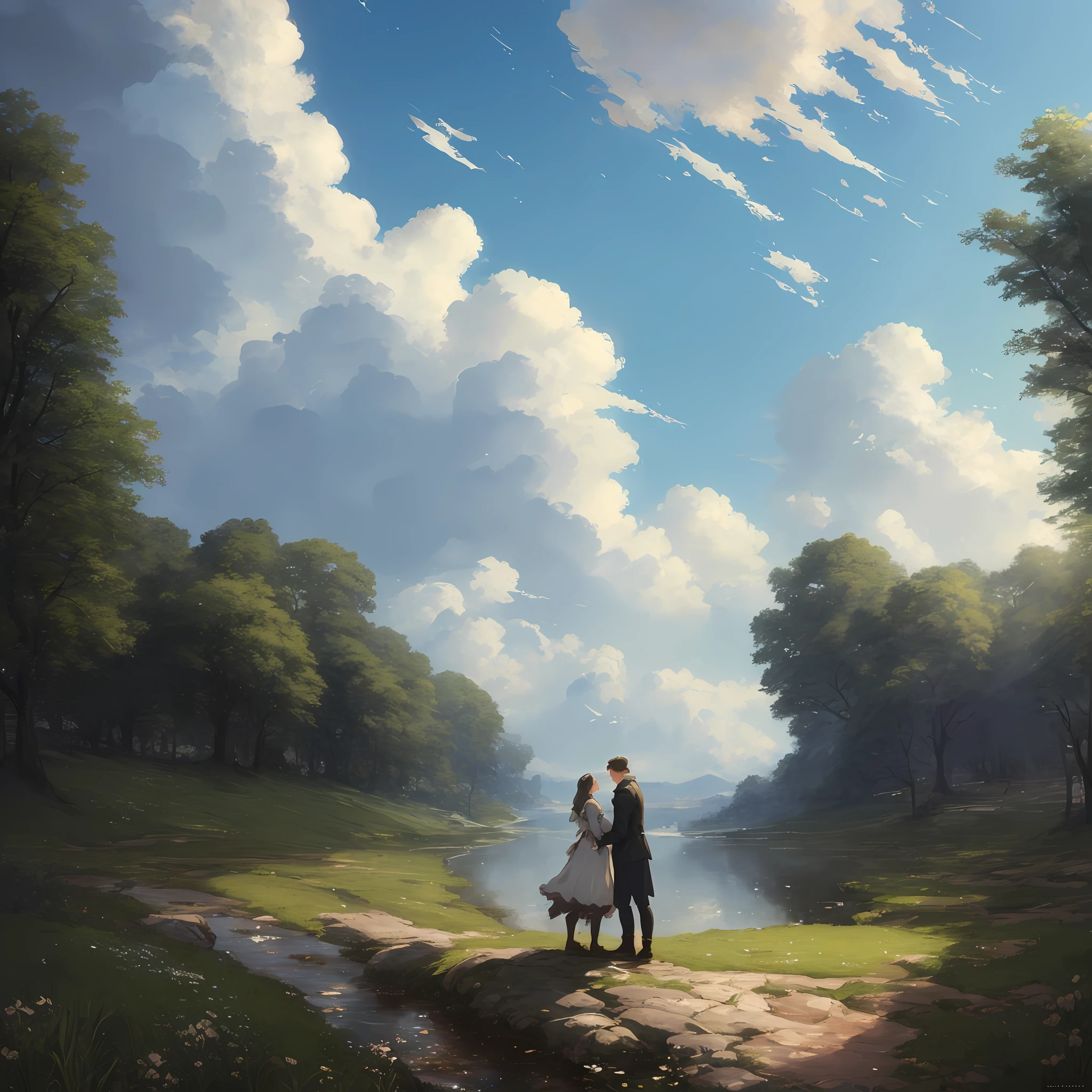 A man and a woman embracing ultra detailed, art by John Constable, by James Jean and Filip Hodas, fantasy concept art, trend at Artstation|a, painted by Greg Rutkowski Makoto Shinkai Takashi Takashi Takeuchi Studio Ghibli, Akihiko Yoshida, anime, clean soft lighting, finely detailed features, high resolution, perfect art, stunning atmosphere, trend in Pixiv fanbox]