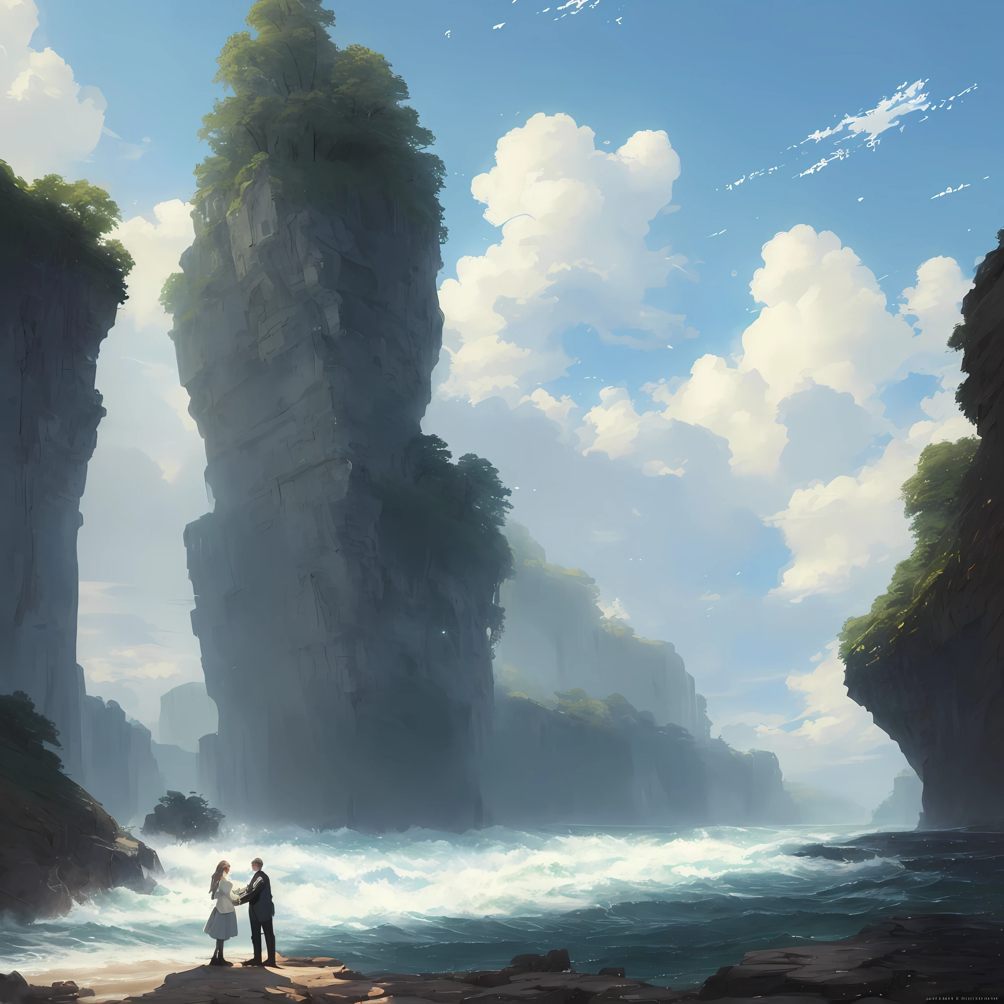 A man and a woman embracing ultra detailed, art by John Constable, by James Jean and Filip Hodas, fantasy concept art, trend at Artstation|a, painted by Greg Rutkowski Makoto Shinkai Takashi Takashi Takeuchi Studio Ghibli, Akihiko Yoshida, anime, clean soft lighting, finely detailed features, high resolution, perfect art, stunning atmosphere, trend in Pixiv fanbox]