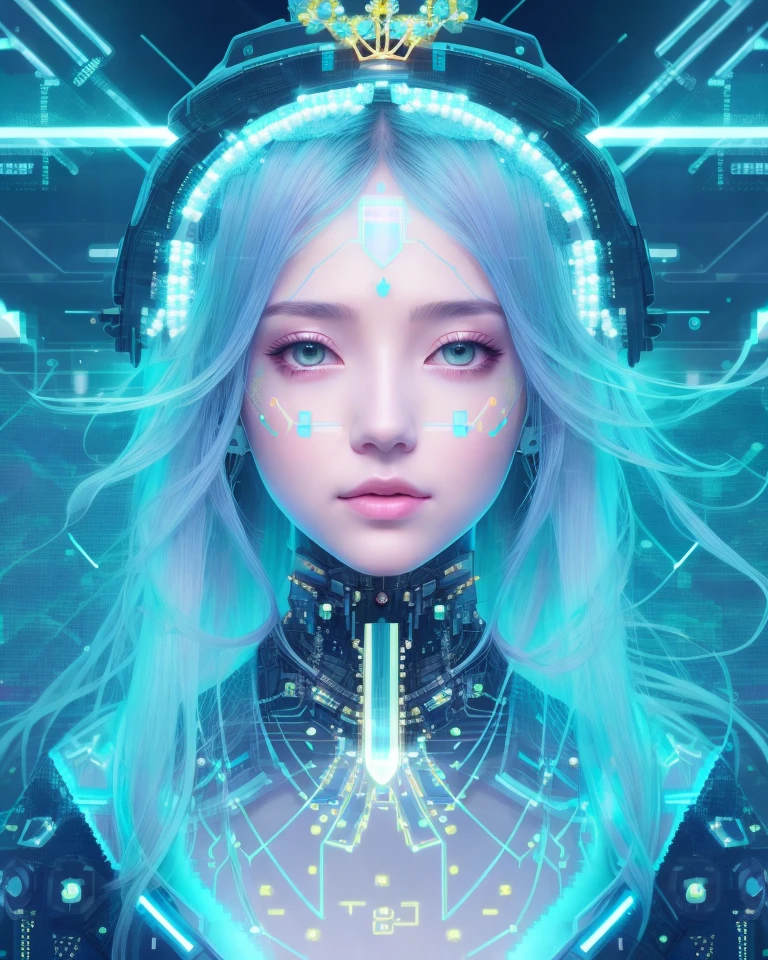a close up of a person wearing a glowing headpiece with a crown on it, portrait of a cyborg queen, beeple and james jean, style hybrid mix of beeple, inspired by Mike Winkelmann, fractal cyborg ninja background, elaborate lights. mask on face, beeple and mike winkelmann, detailed glowing head, by Mike Winkelmann