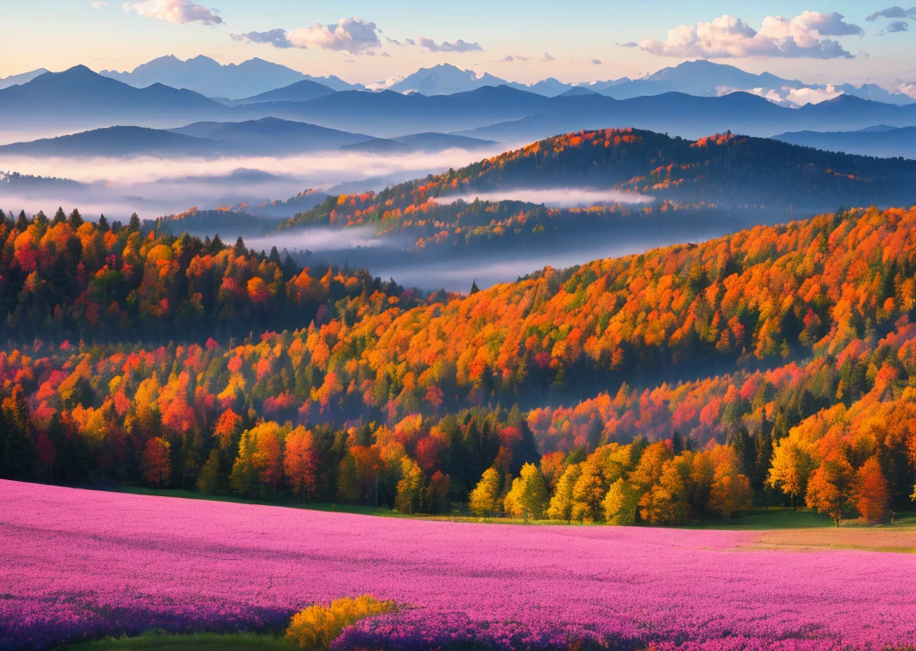 Ultra-high-definition 8K wallpaper oil painting landscape, rolling hills, greenery, wildflower pink, yellow intertwined, purple rendering, volumetric light and outstanding three-dimensional. Switch to a quiet autumn landscape, surrounded by golden, red and orange woods, and the fresh air with the aroma of falling leaves and wood smoke. Falling warm leaves spread across the ground, and in the distance was a mountain range, slowly rising in the mist.
