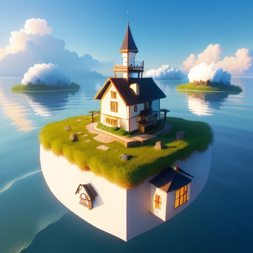 floating island with little house on it realistic