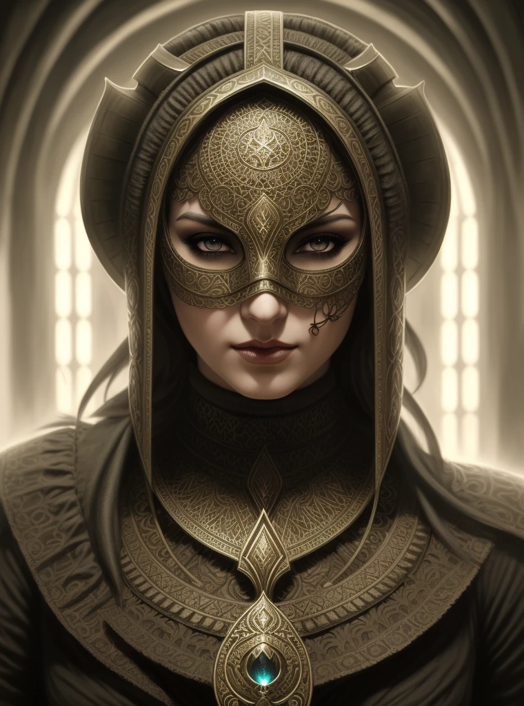 arafed woman in a dark costume with a mask and a necklace, detailed matte fantasy portrait, fantasy concept art portrait, tomasz alen kopera and cgsociety, elegant cinematic fantasy art, fantasy character portrait, epic fantasy art portrait, hyperdetailed fantasy character, symmetrical epic fantasy art, fantasy rpg symmetrical portrait, fantasy art behance, stunning cgsociety