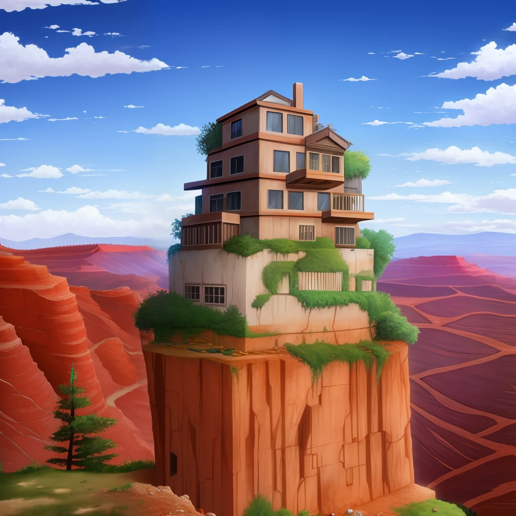 an anime makeshift house, scraps and metals, in the middle of a vast red canyon, aesthetic