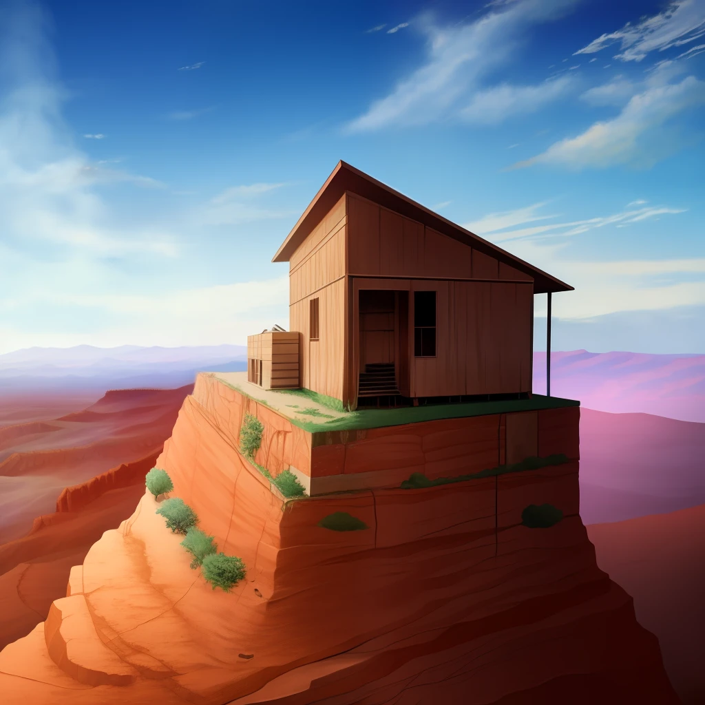 an anime makeshift house, scraps and metals, in the middle of a vast red canyon, aesthetic
