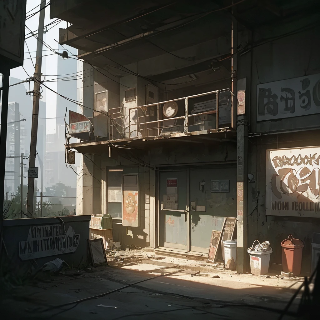 hyperrealistic and very detailed illustration of the entrance of a dark meter, very loaded image of objects, point of view from below, dirty and cracked cement stairs, wastebasket, metal signs, seats, cables, pole, rusty guardrails, gray walls, pale, empty boxes, damaged wall paint, some garbage on the floor, very detailed advertisements on the neon wall, spotlight lights (very radiant), humidity, artificial and sterile environment, night, very dark landscape shadows