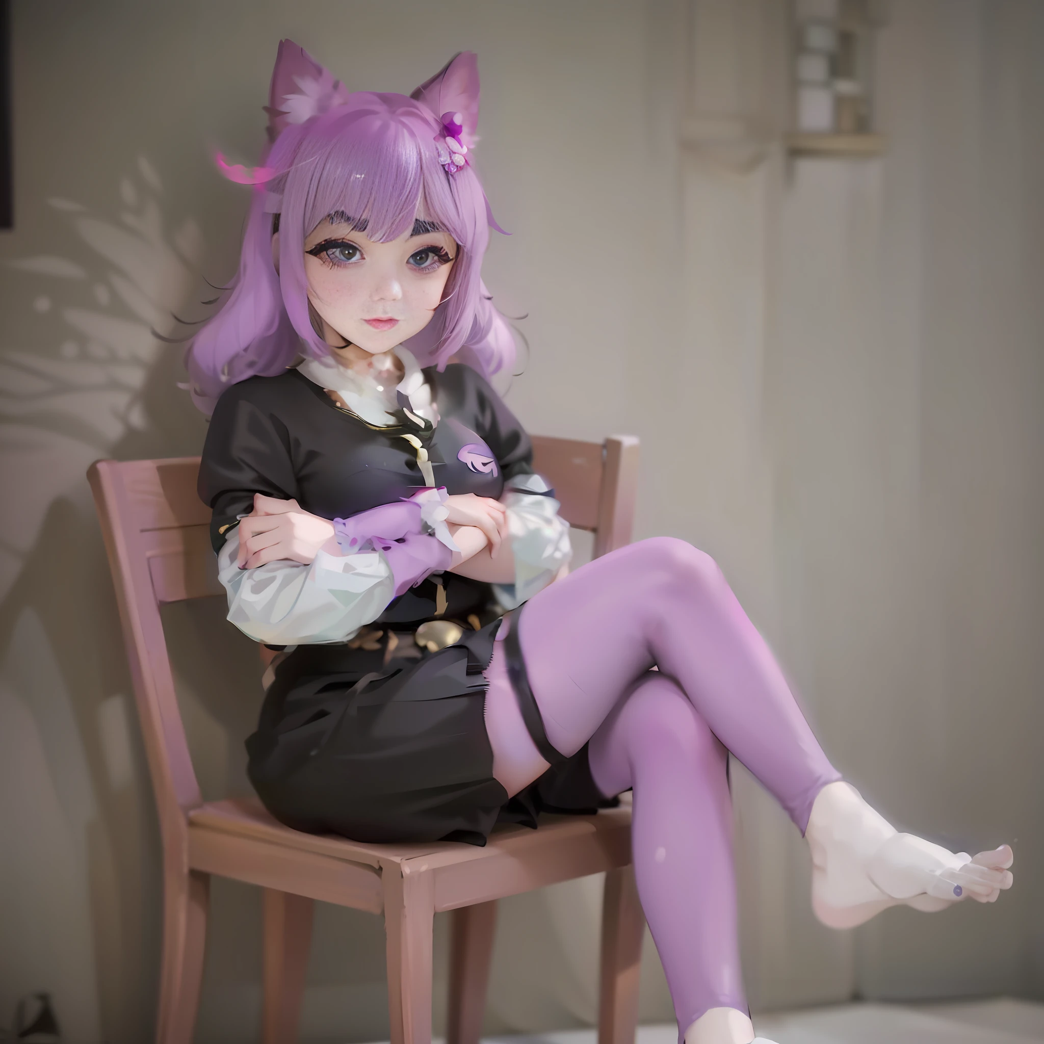 purple haired girl sitting on a chair with her legs crossed, annie from league of legends, chiaki nanami from danganronpa, captured on canon eos r 6, casual pose, as overwatch character, muffet from undertale, anime catgirl, posing as a jojo character, as an overwatch character, shalltear from overlord, anya from spy x family