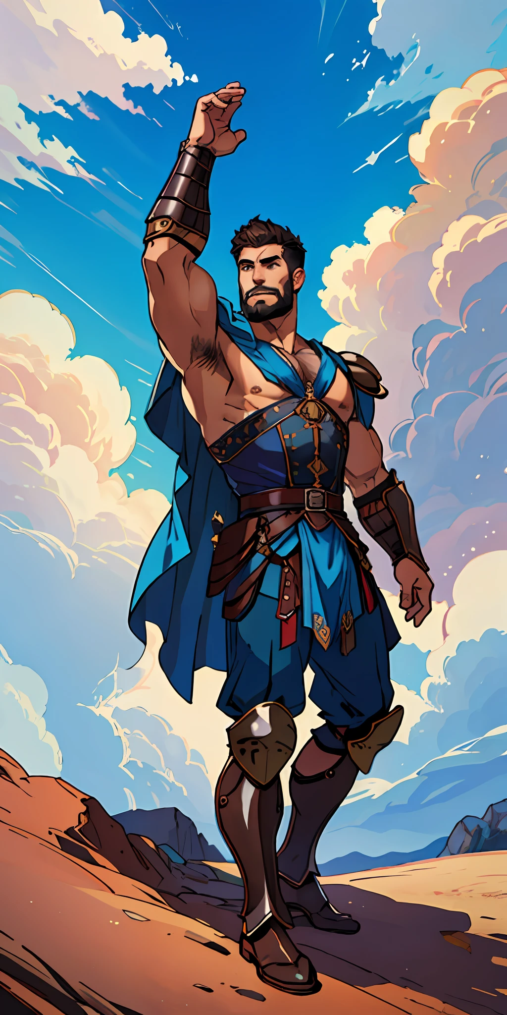 male warrior, short hair shaved on the side, stylish beard, dynamic pose, wearing Victorian-era armor, ((background a sky full of clouds))