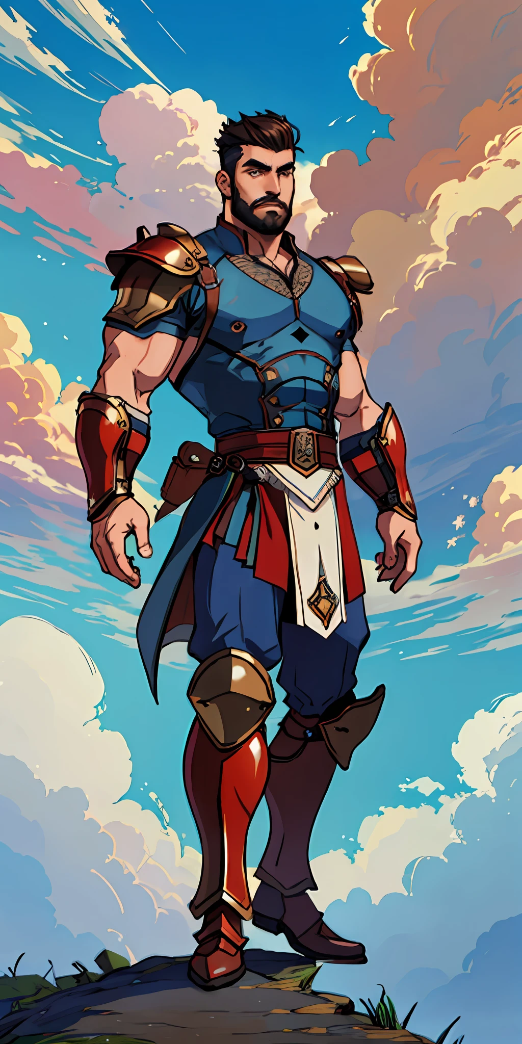 male warrior, short hair shaved on the side, stylish beard, dynamic pose, wearing Victorian-era armor, ((background a sky full of clouds))