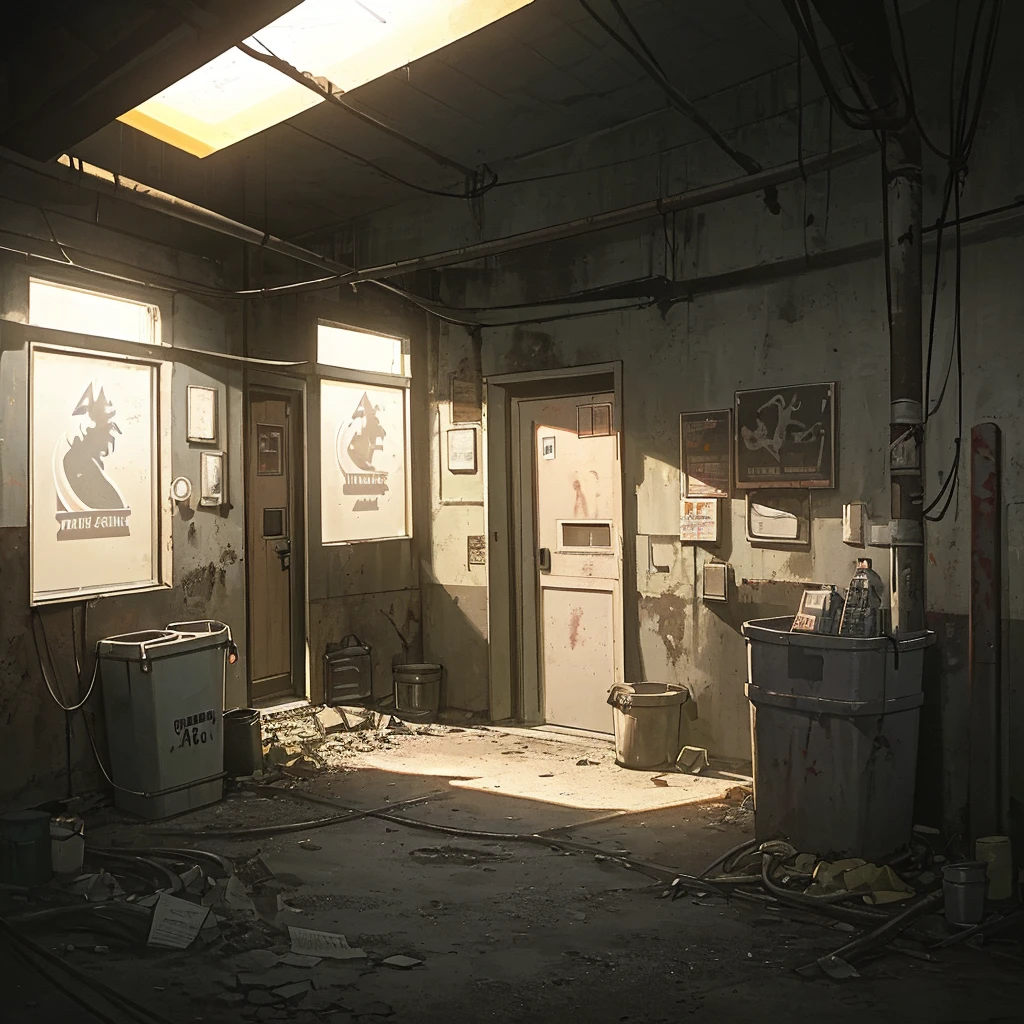 hyperrealistic and very detailed illustration of the entrance of a dark meter, many black cats, very loaded image of objects, point of view from below, dirty and cracked cement stairs, trash can, metal signs, seats, cables, pole, rusty guardrails, gray walls, pale, empty boxes, damaged wall paint, some garbage on the floor, very detailed advertisements on the neon wall,  spotlight lights (very radiant), humidity, artificial and sterile environment, night, very dark landscape shadows, night