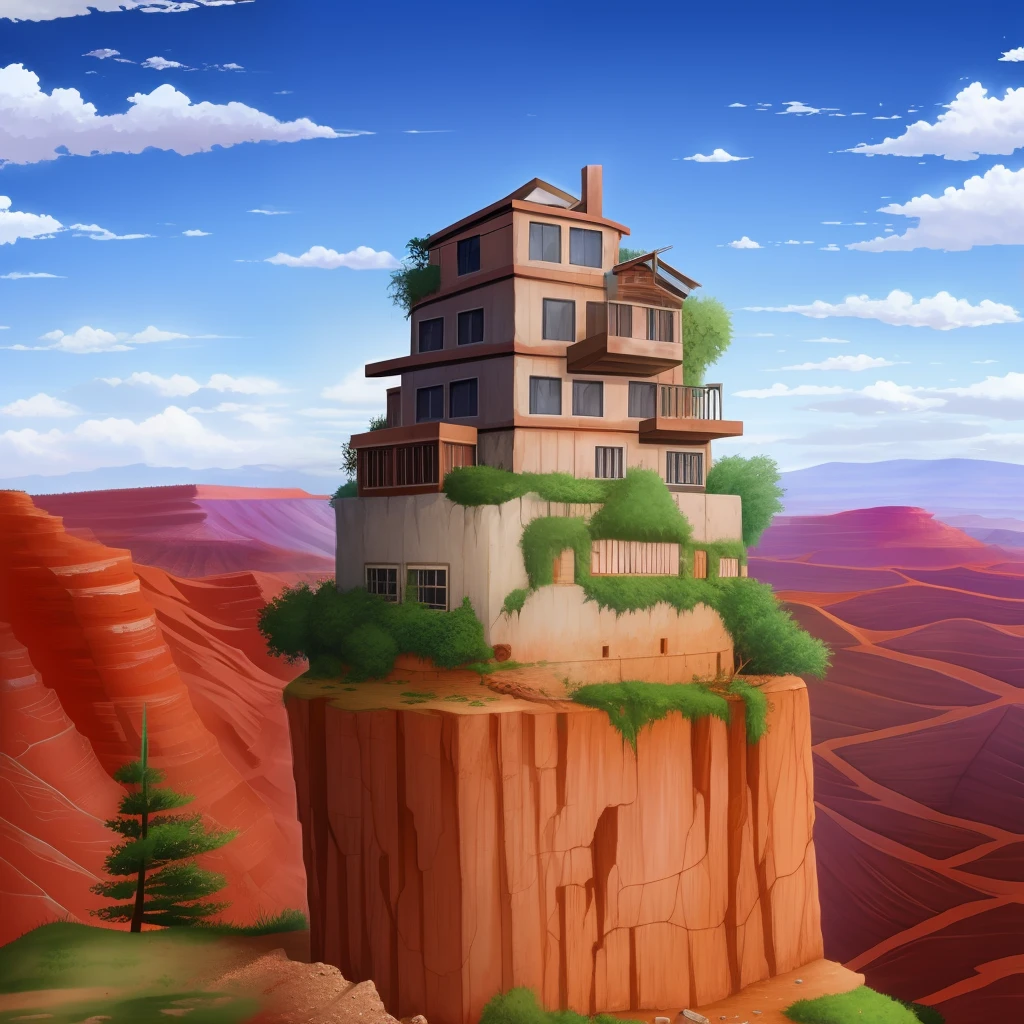 an anime makeshift house, scraps and metals, in the middle of a vast red canyon, aesthetic