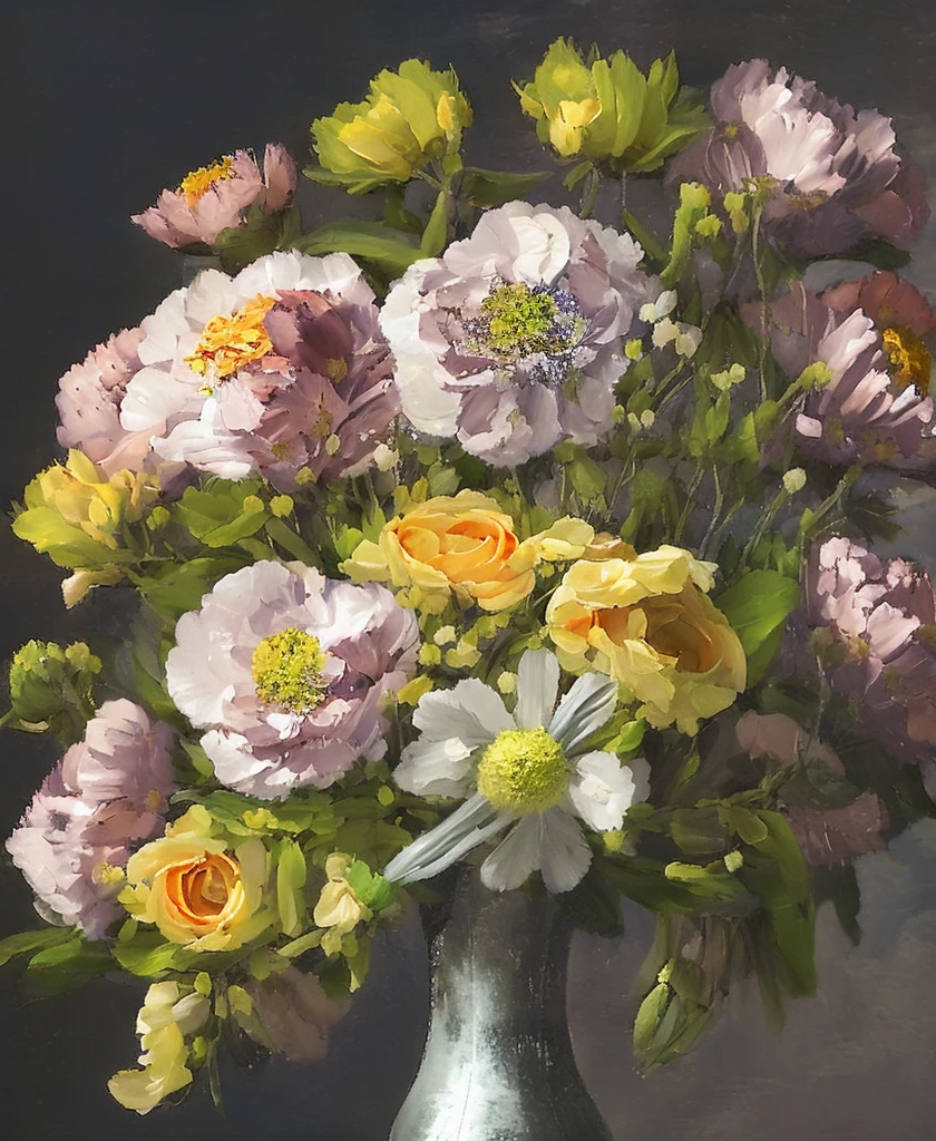 Still life with a baroque bouquet of paonies in vase, black background, highly detailed, sharp focus, professional, 4k, max detail, god rays, highres,high detail, sharp focus, smooth, aesthetic, extremely detailed, baroque, detailed facial features, hand model, petite, delicate, innocent, intricate details, spring flowers blooming,