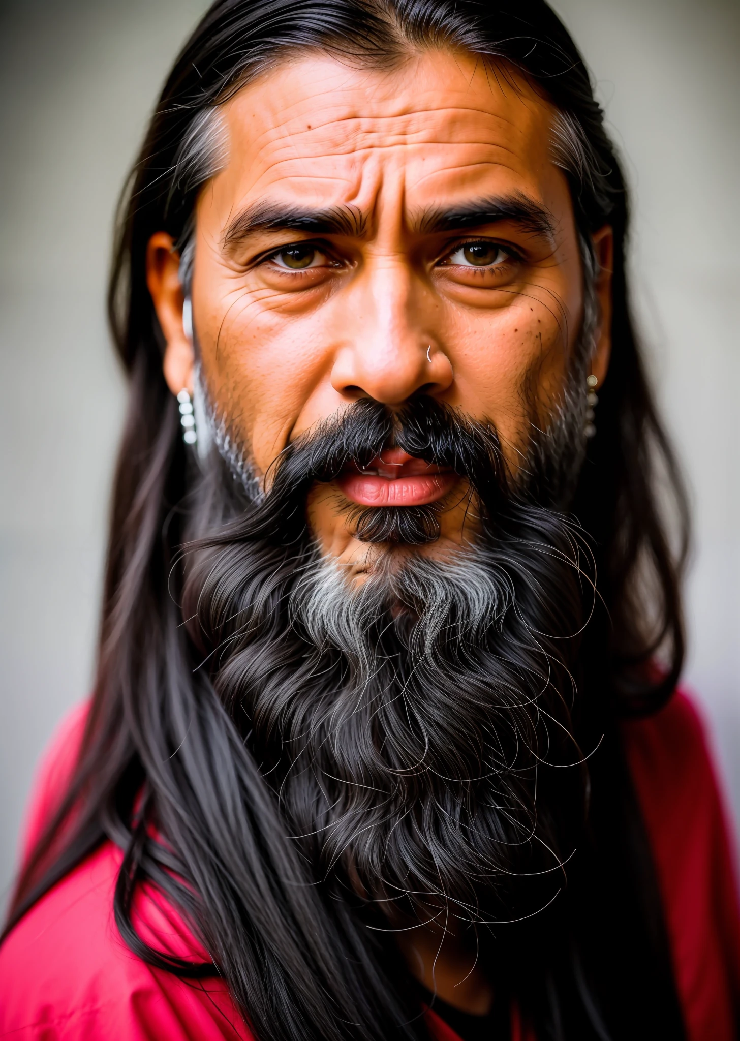 RAW photo, super realistic, close-up portrait of a 50-year-old Hindu man, wearing Indian clothes, long haircut with a braid, black colored hair, gray beard, square face, slim body, himalaya background background (highly detailed skin: 1.2), 8k uhd, dslr, soft lighting, high quality, film grain, Fujifilm XT3