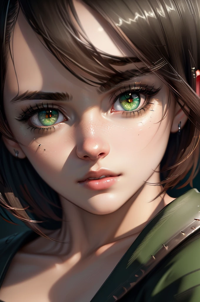 ((masterpiece)), (((best quality))), ((ultra-detailed)), UHD, 8K, (((high resolution))), ((illustration)), ((semi-realistic)), (reflections), sharp focus, frontal lighting, intense shadows, ((beautiful extremely detailed eyes)), (extremely detailed and realistic skin texture)), ((extremely detailed and realistic eye texture)), ((cunning insidious anticipatory look)), (girl beautiful cute), green eyes, (office shirt), (dark hair),  short hair, long bangs, hair between the eyes, (cinematic), realistic, (grunge style), ((ultra-detailed beautiful correct face))