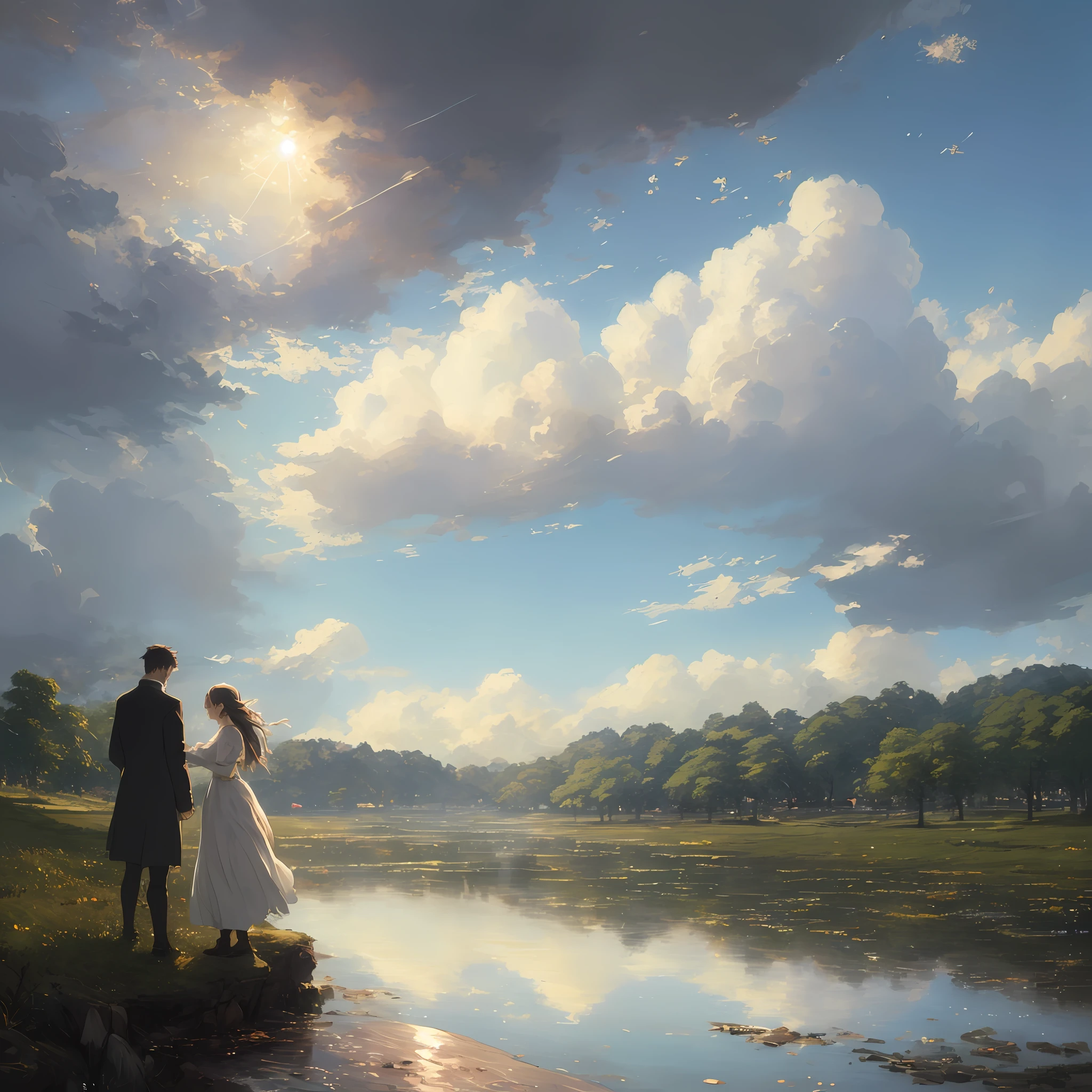 a man and a woman embracing ultra detailed, art by John Constable, by james jean and filip hodas, concept art of city, trend in Artstation|a, painted by greg rutkowski makoto shinkai takashi takeuchi studio ghibli, akihiko yoshida, anime, clean soft lighting, finely detailed features, high resolution, perfect art, stunning atmosphere, trend in pixiv fanbox]