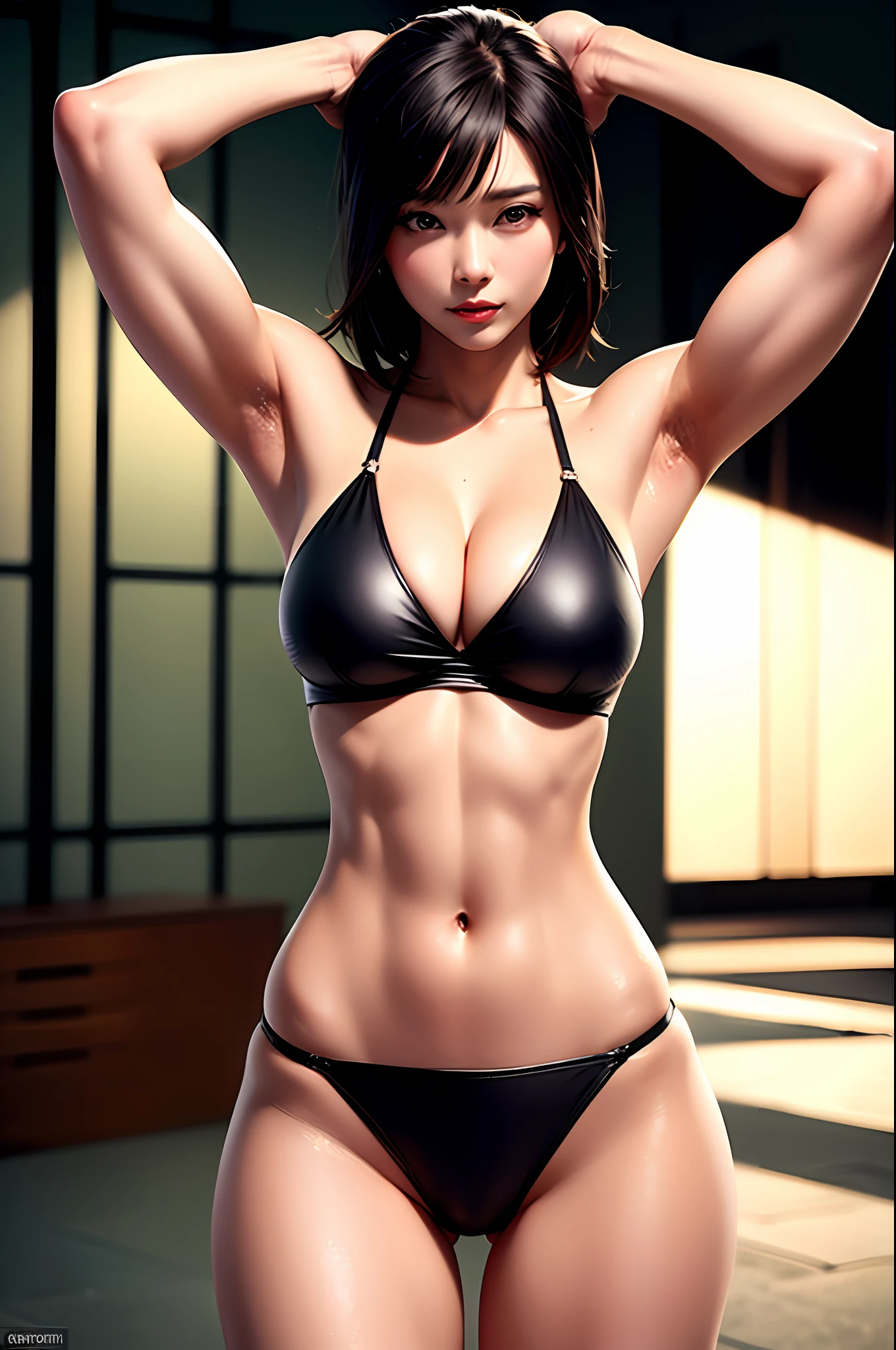 masterpiece, best quality, high quality, ultra-realistic, anime style, woman in bikini doing sexy poses, toned muscles, Asian, [best shadows, best lighting]:: 0.8, HD, HDR, 4K)
