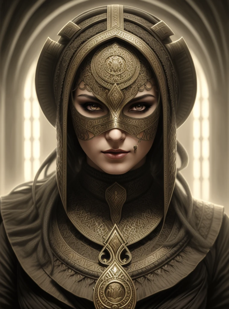 arafed woman in a dark costume with a mask and a necklace, detailed matte fantasy portrait, fantasy concept art portrait, tomasz alen kopera and cgsociety, elegant cinematic fantasy art, fantasy character portrait, epic fantasy art portrait, hyperdetailed fantasy character, symmetrical epic fantasy art, fantasy rpg symmetrical portrait, fantasy art behance, stunning cgsociety