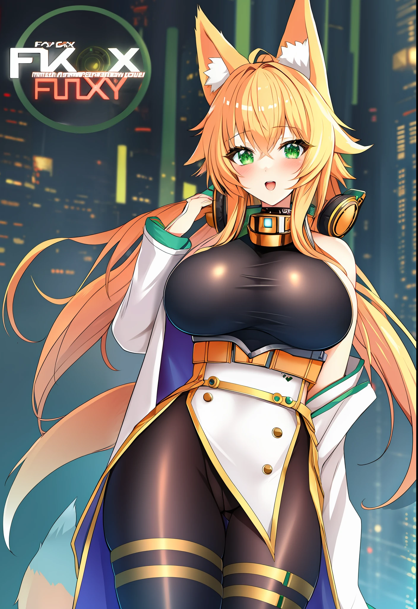 cute anime girl, fox ears, fox tail, blonde hair, big breasts, (masterpiece, best quality), beautiful detailed eyes, green eyes, cyber punk outfit, celebrating, headphone