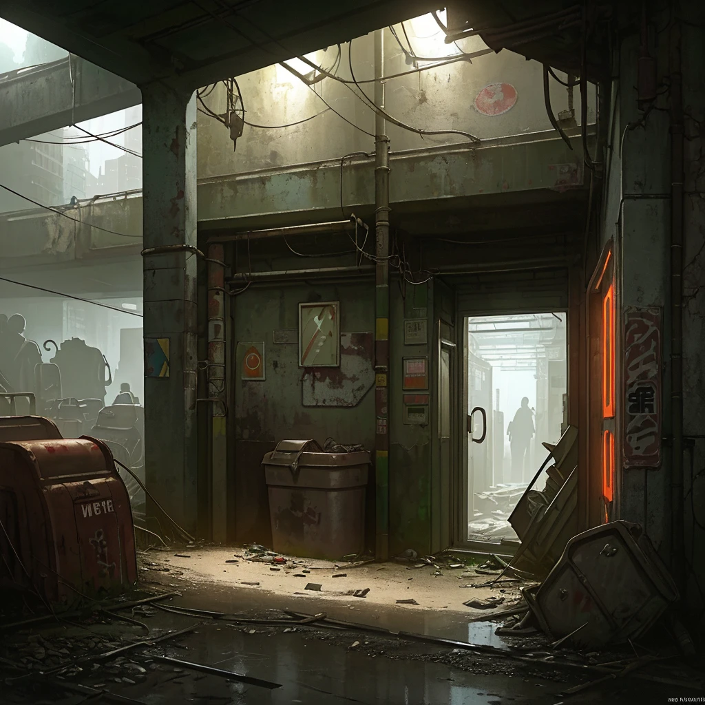 hyperrealistic and very detailed illustration of the entrance of a dark subway, point of view from the outside, very loaded image of objects, point of view from below, dirty and cracked cement stairs, trash can, metal signs, seats, cables, pole, rusty guardrails, gray walls, pale, empty boxes, damaged wall paint, some garbage on the floor,  metal and rusty scrap, damaged vehicle parts, very detailed advertisements on the neon wall, spotlight lights (very radiant), humidity, artificial and sterile environment, night, very dark landscape shadows, rainy night, very dense fog, red and green neon lights, vegetation between the cracks of the walls and the floor