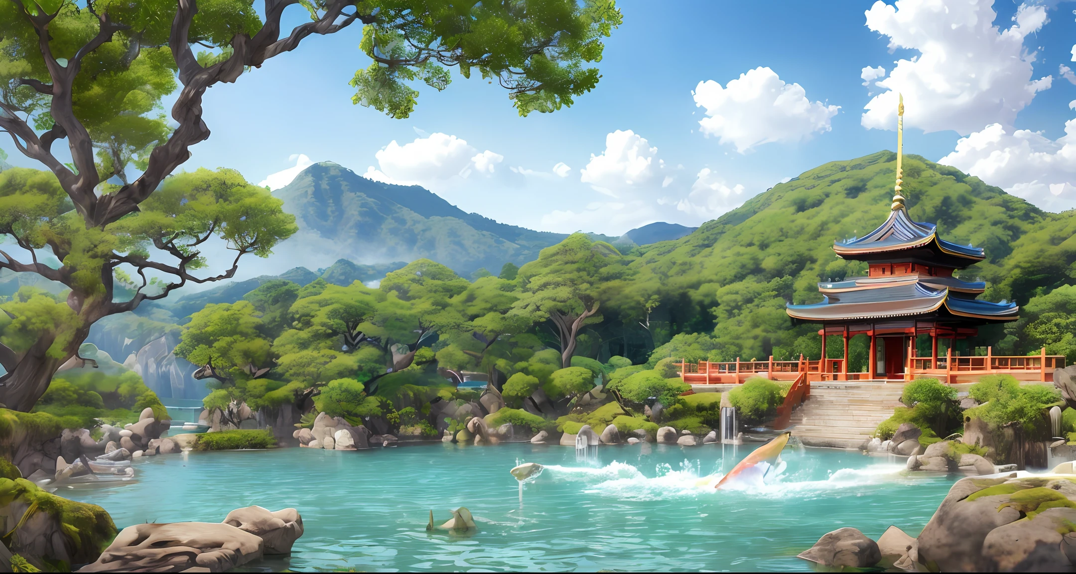 (masterpiece), myth, sky, tree, nature, temple, water, fish, peach origin