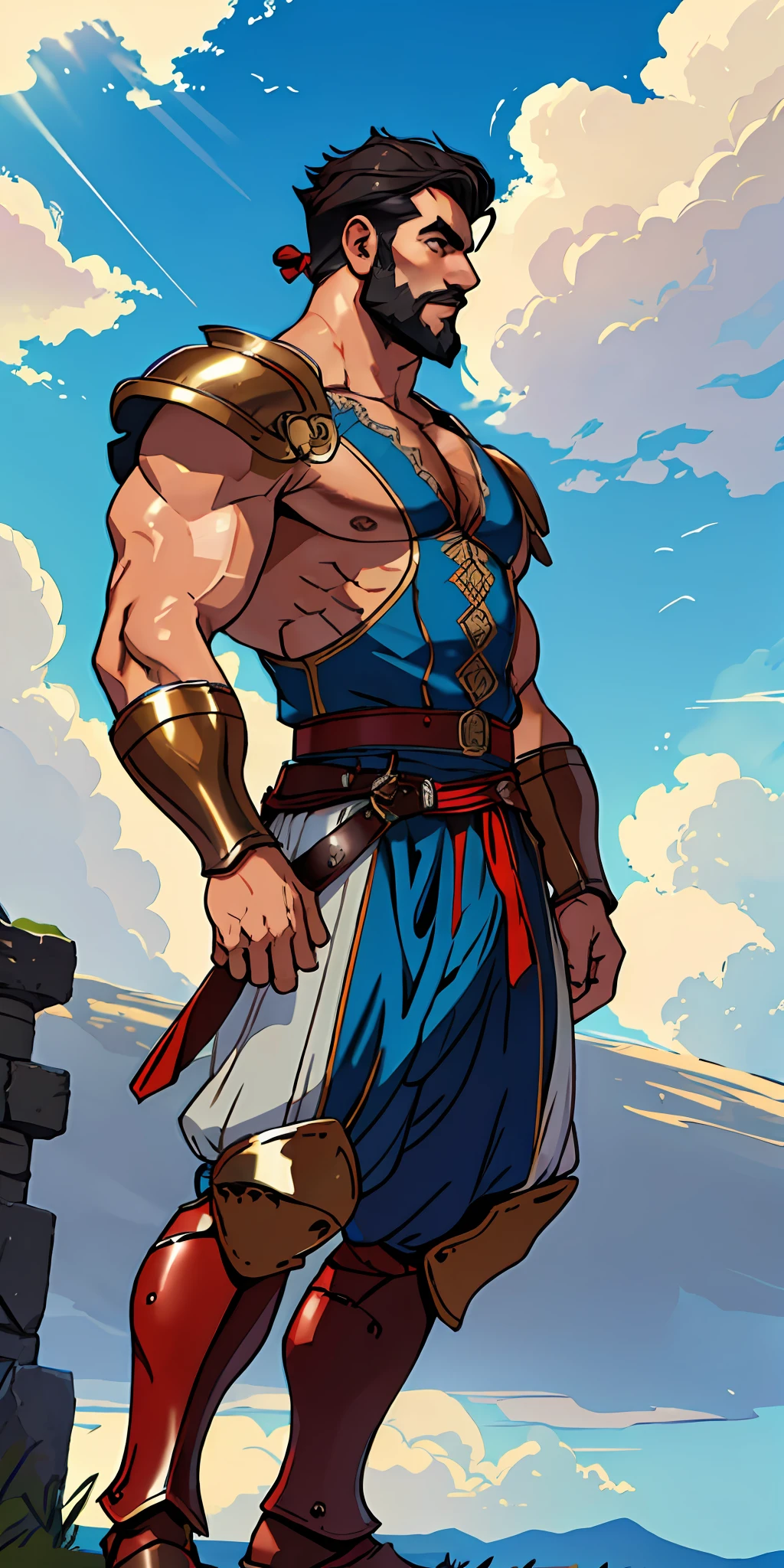 old male warrior, short hair shaved on the side, stylish beard, dynamic pose, wearing Victorian-era armor, ((background a sky full of clouds))