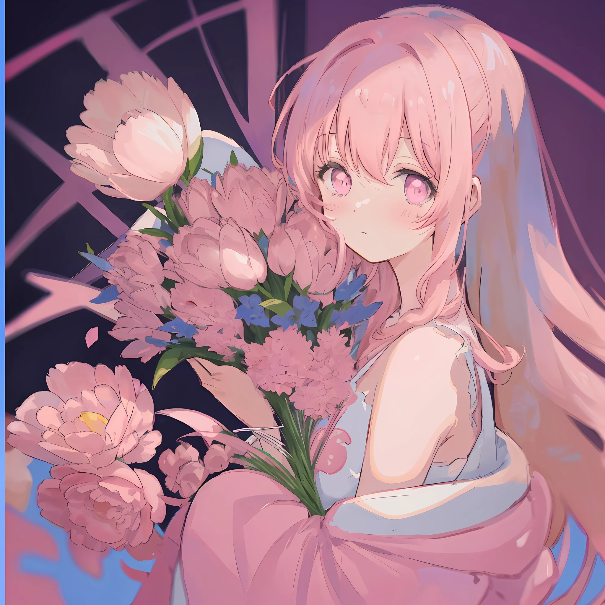 anime girl holding a bouquet of flowers with pink hair, anime art wallpaper 8 K, pink girl, curly hair, tulips, portrait, closeup, avatar, solid color background, white background, happy, childish drawing style, side face, sideways, sideways, blank background, clean background, long hair, double ponytail, curly hair, slip dress, off-the-shoulder, white scene, daytime,