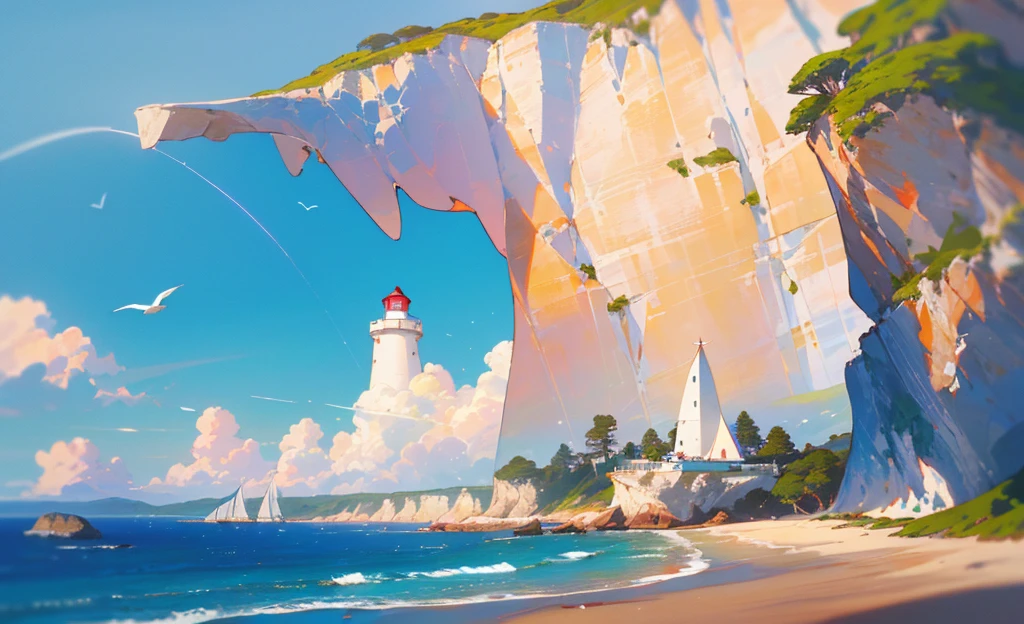 (masterpiece, best quality: 1.1), wide angle, from below, (white cliff), mountain, blue ocean, low tide, waves, rocky beach, trajectory, seagull, horizon, breeze, summer, morning, clear sky, clouds, calm, fresh air, sailboat, lighthouse, depth of field