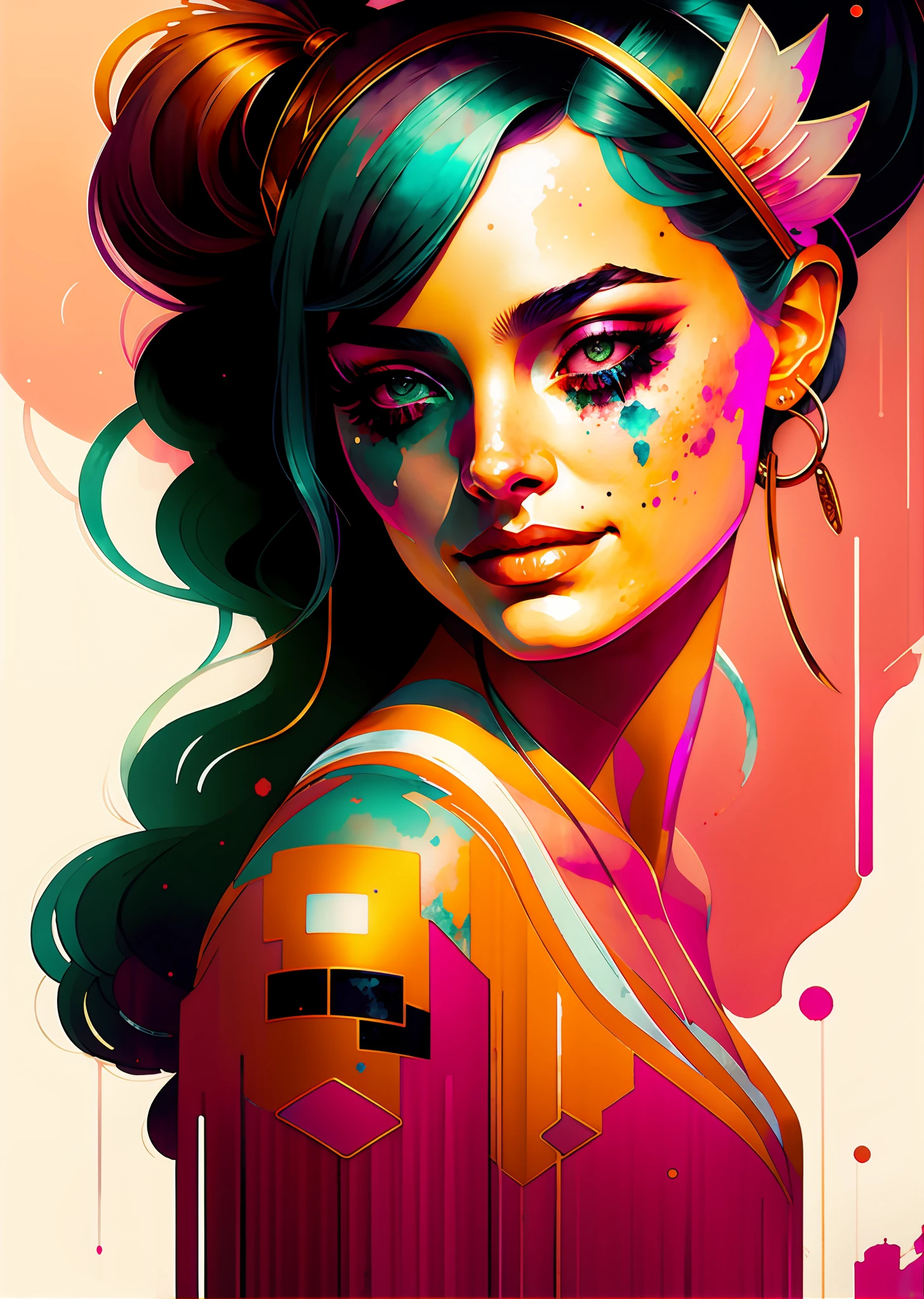 wtrcolor style, Digital art of (Margot Robie as Harley Queen) official art, frontal, smiling, masterpiece, Beautiful, watercolor, face paint, paint splatter, intricate details.