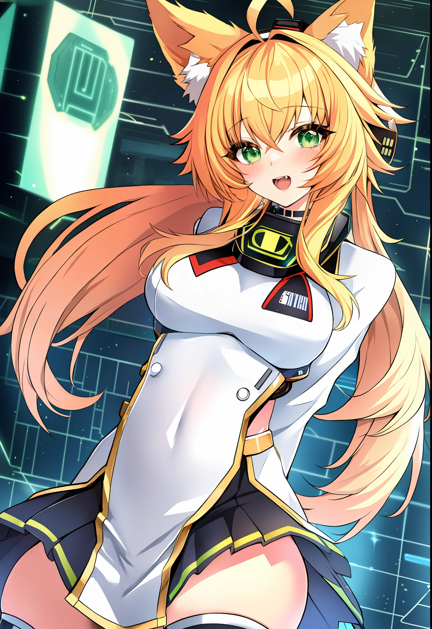 cute anime girl, fox ears, fox tail, blonde hair, (masterpiece, best quality), beautiful detailed eyes, green eyes, cyber punk outfit, celebrating, headphone